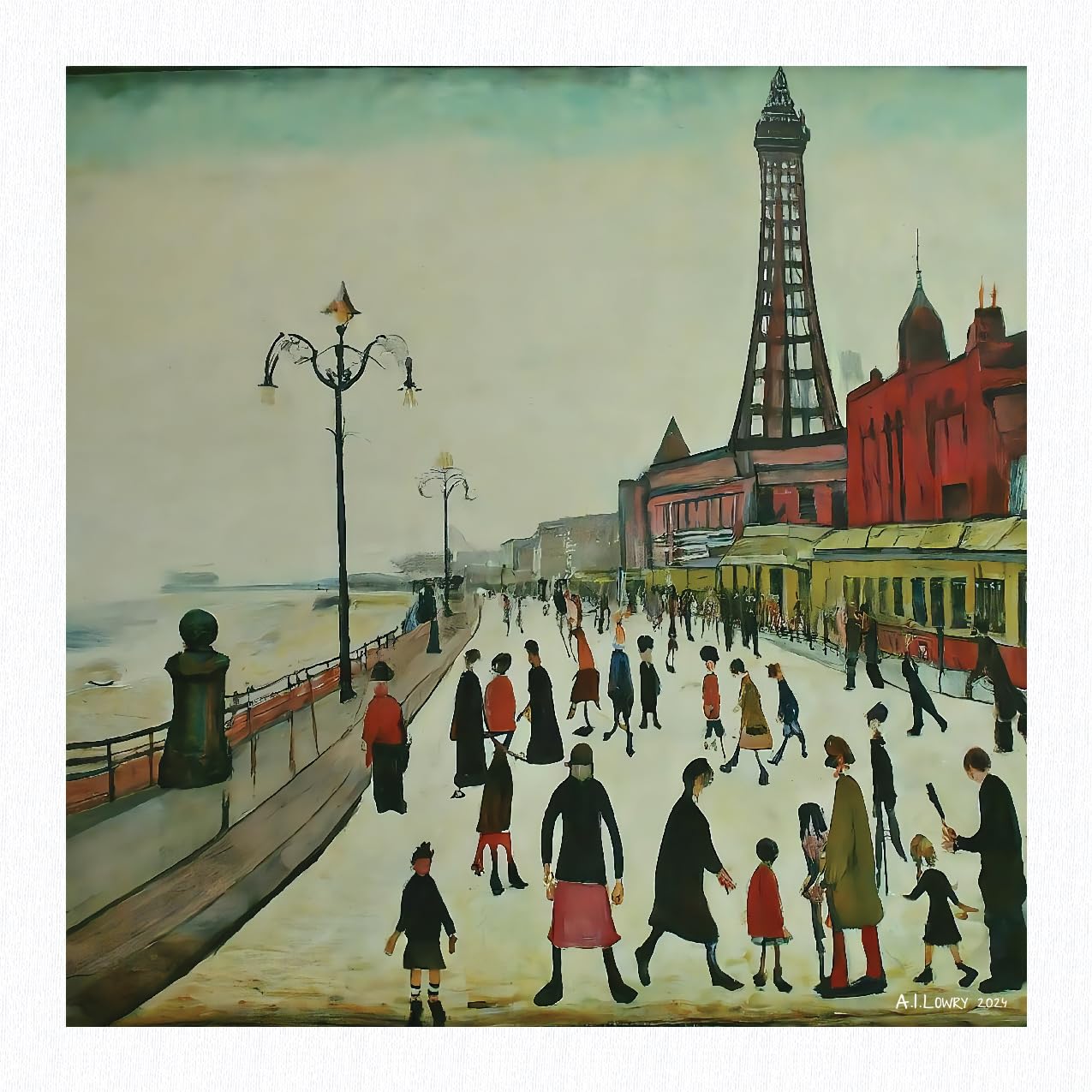Greetingles Lowry Inspired Giclée Art Print 21cm/8.25" Square. Made in UK. (Blackpool Front)