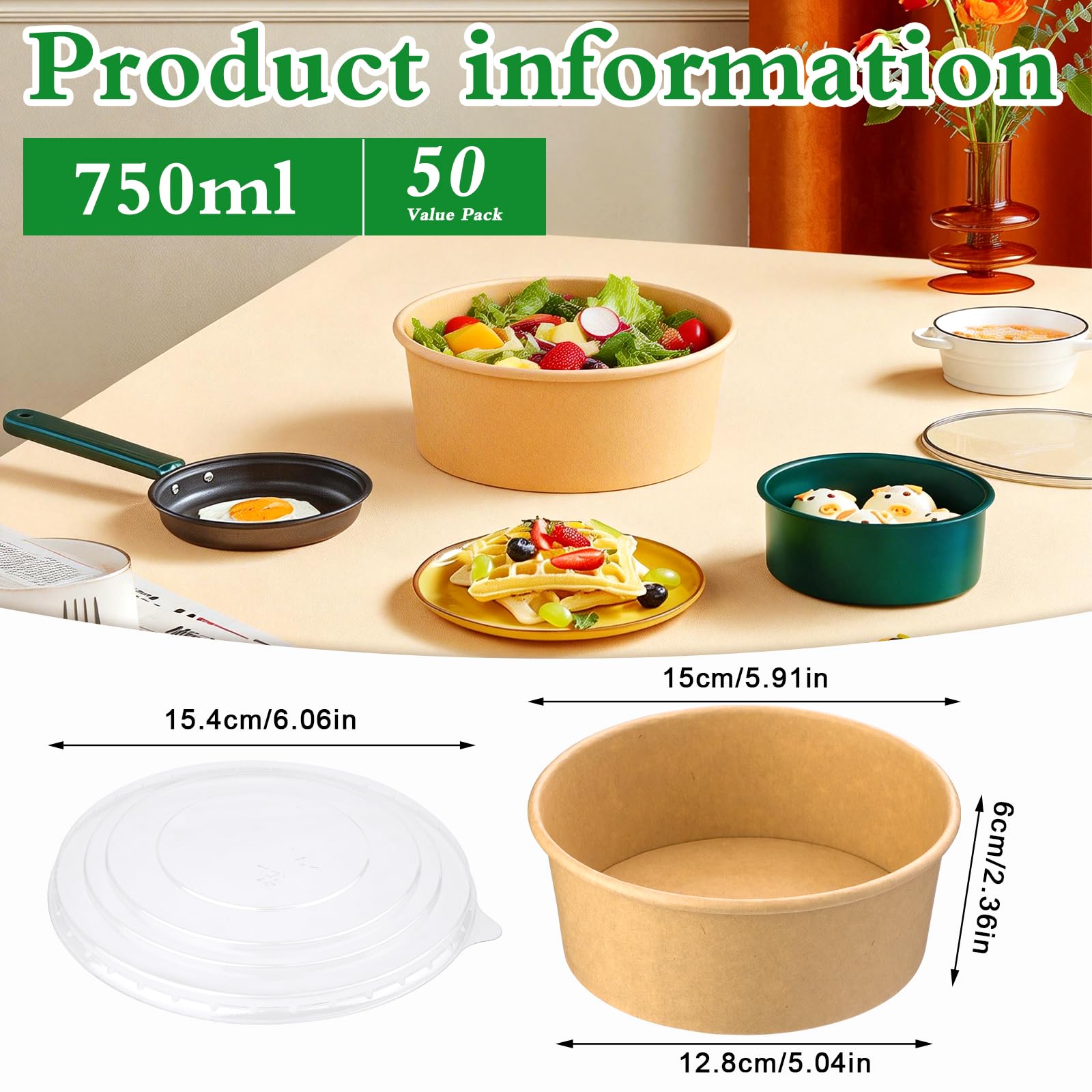 Ensaladera de papel con tapa, contenedor de alimentos Kraft de 25 onzas, taza de ensalada desechable para pasta fría, ensalada de patata, fruta y más [750 ml paquete de 50]
