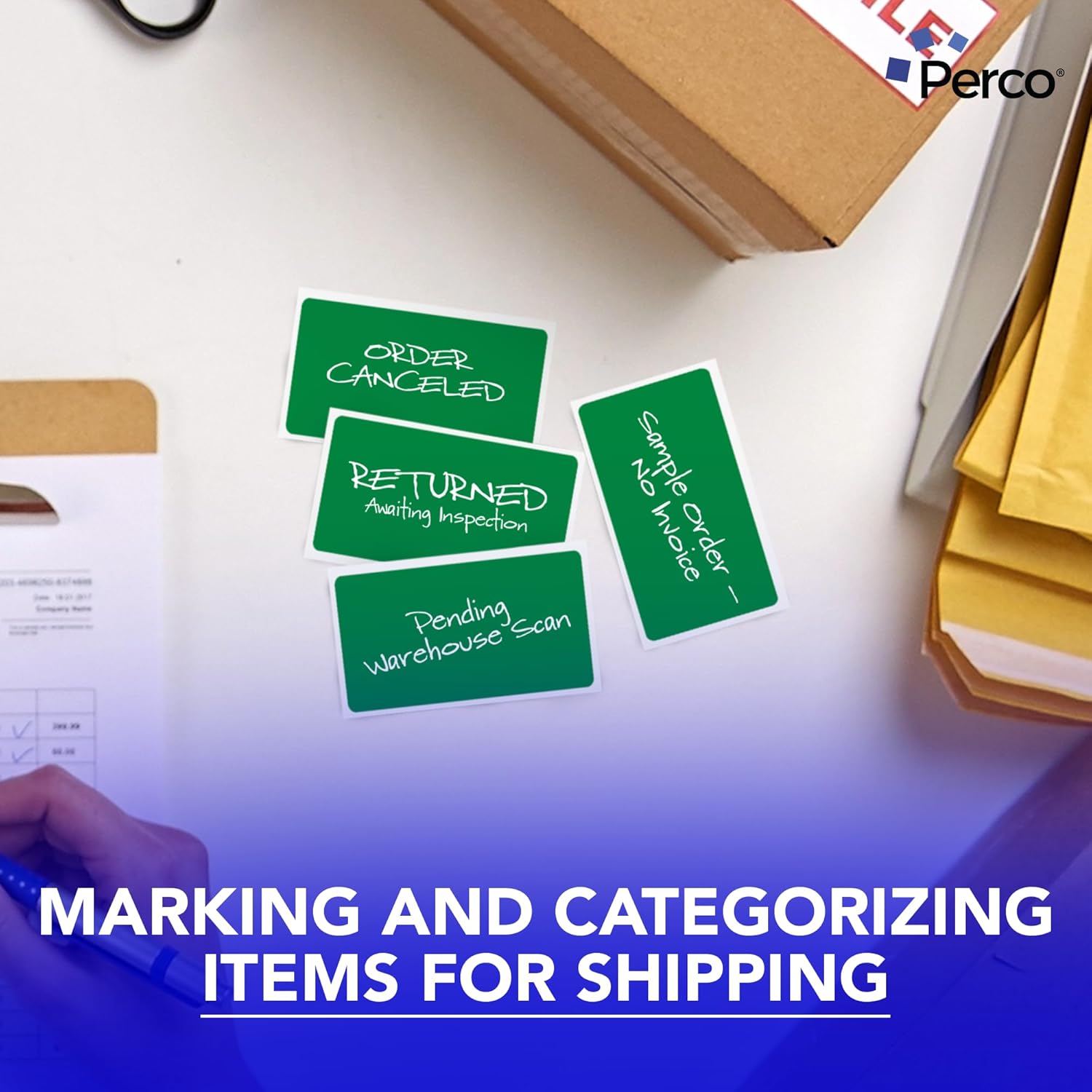 Perco Green Labels 3x5 Inch 500 Stickers/Roll with Easy Peel Perforation and Strong Adhesion for Inventory Management, Color Coding, Moving Boxes, Retail, Organizing & Crafts – Made in USA