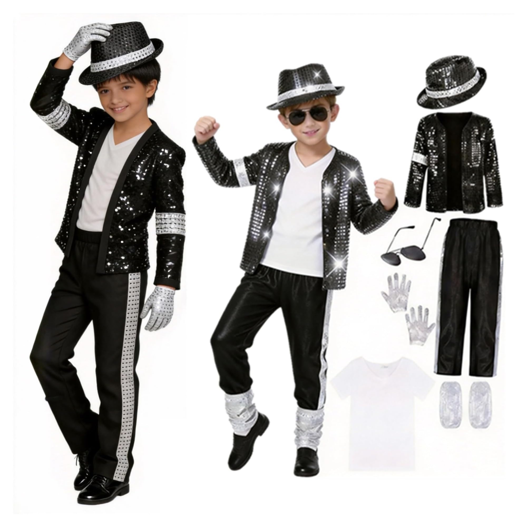 Disfraz de superestrella pop for niños, conjunto de 7 piezas, chaqueta de lentejuelas negras, pantalones, sombrero, guantes, disfraz retro de Halloween de los años 80 y 90