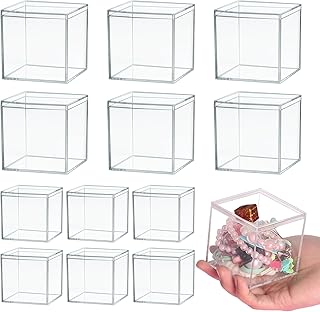 12 PCS Acrylic Square Cube Small Clear Plastic Display Boxes with Lids, 6Pcs 4 x 4 x 4 Inches, 6Pcs 3 x 3 x 3 Inches Clear Acrylic Storage Square Cube Boxes for Candy Jewelry Tiny Items