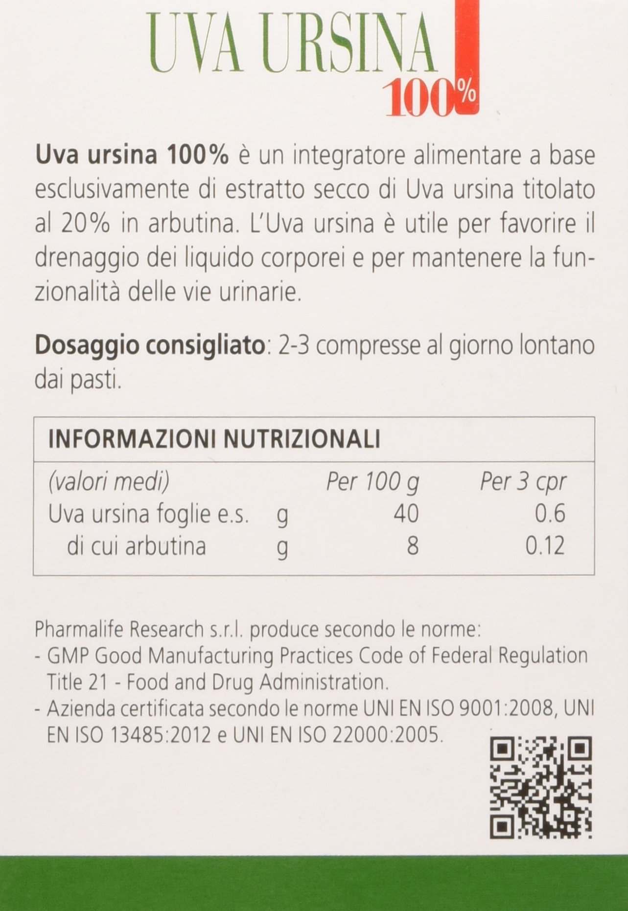 Pharmalife Research Uva Ursina 100% Integratore Alimentare 60 Compresse
