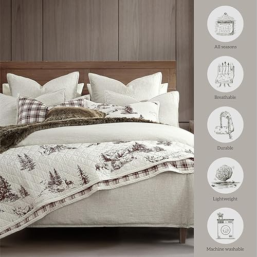 Miniatura 8 de Paseo Road White Pine Rustic Bedding - Juego de edredón de 3 piezas tamaño King, ropa de cama de algodón blanco con estampado de oso marrón, ciervo,