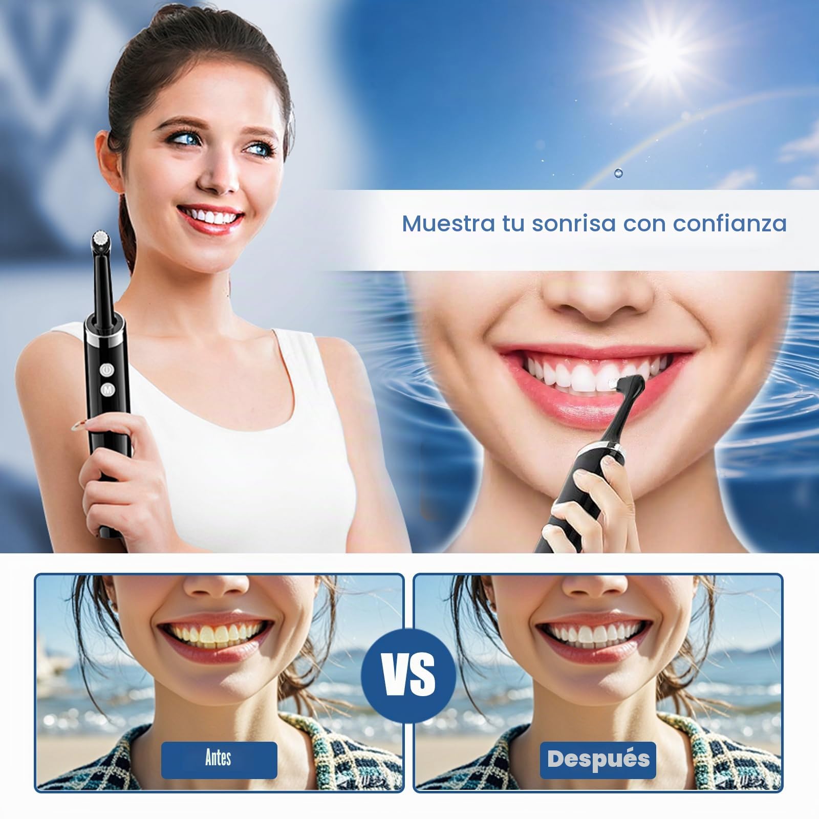 Pulidora de dientes eléctrica para eliminar manchas de placa con 6 cabezales - Quitamanchas dentales para blanquear los dientes amarillos