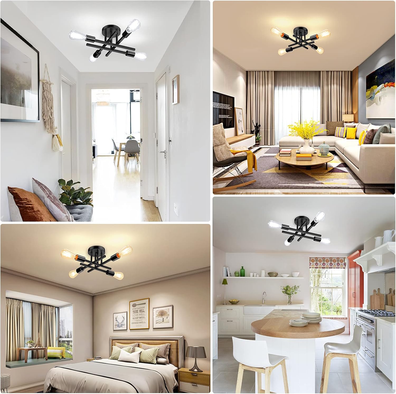 Semi Flush Mount Ceiling Light Fixture Matte Black, Modern Sputnik Close to Ceiling Light, Chandelier Light Fixture Ceiling for Bedroom Kitchen Living Room Dining Room, 4 Light E26 Socket - - 
