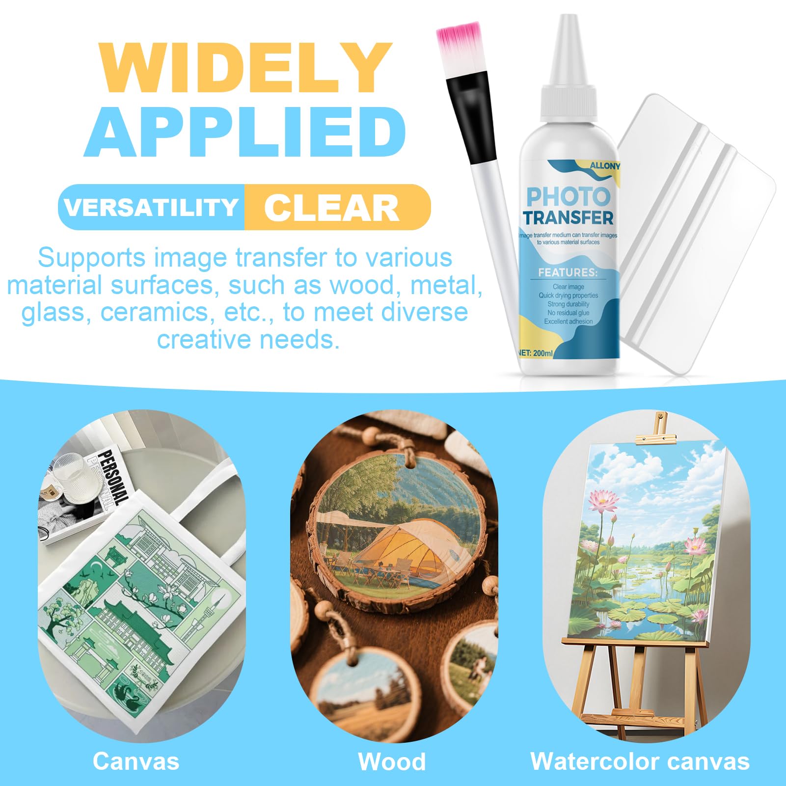 Allony Photo Transfer, Medium Trasparente per Il Trasferimento di Foto, per Trasferire Stampe, Ritagli di Giornale e Varie Superfici, 200 ml