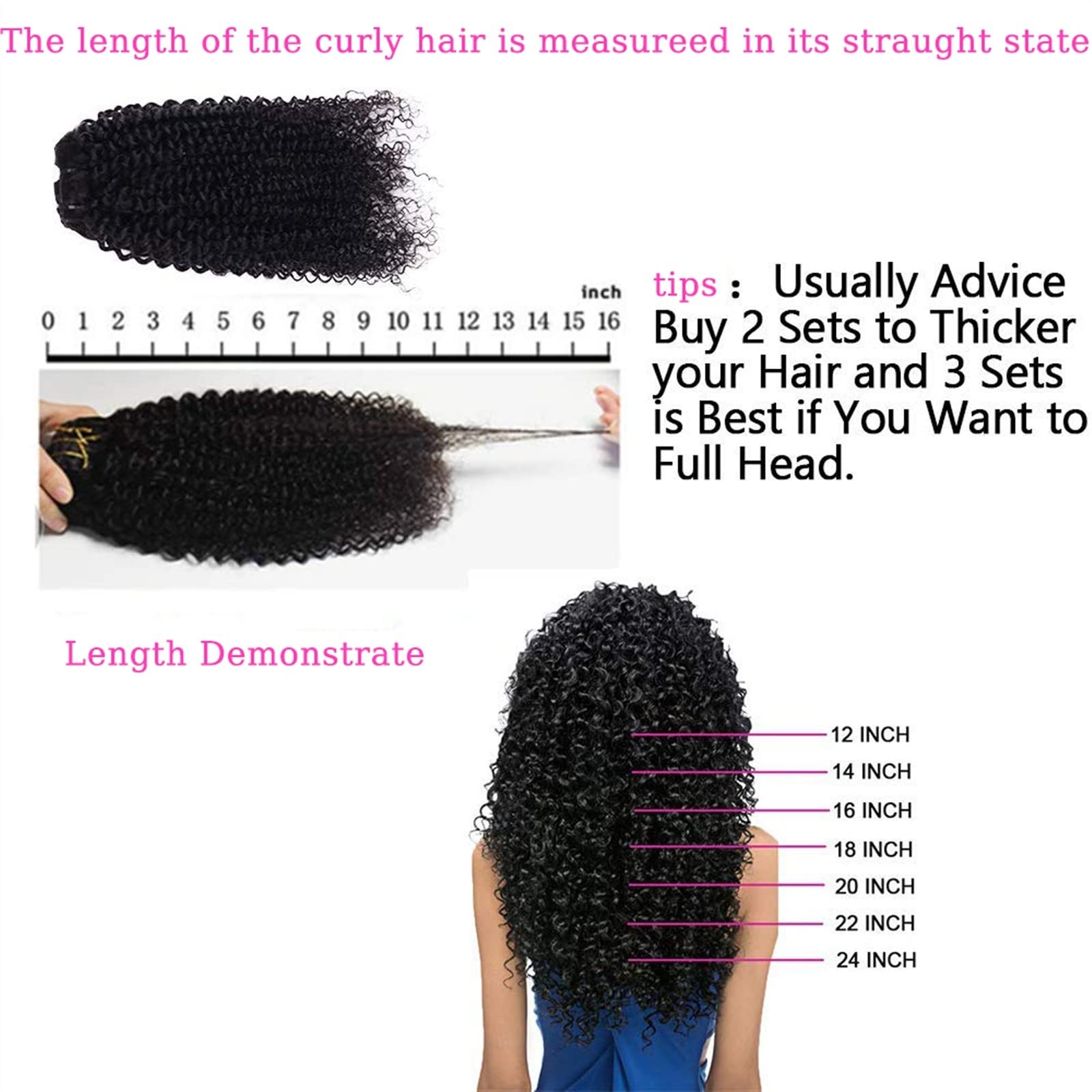 Przedłużanie włosów Kinky Curly Clip In Hair Extensions Human Hair 8Pcs Natural Black Double Weft Brazilian Hair Kinky Curly Hair Extensions 18Clips in Remy Hair Pieces Treska (Size : 26inches, Colo