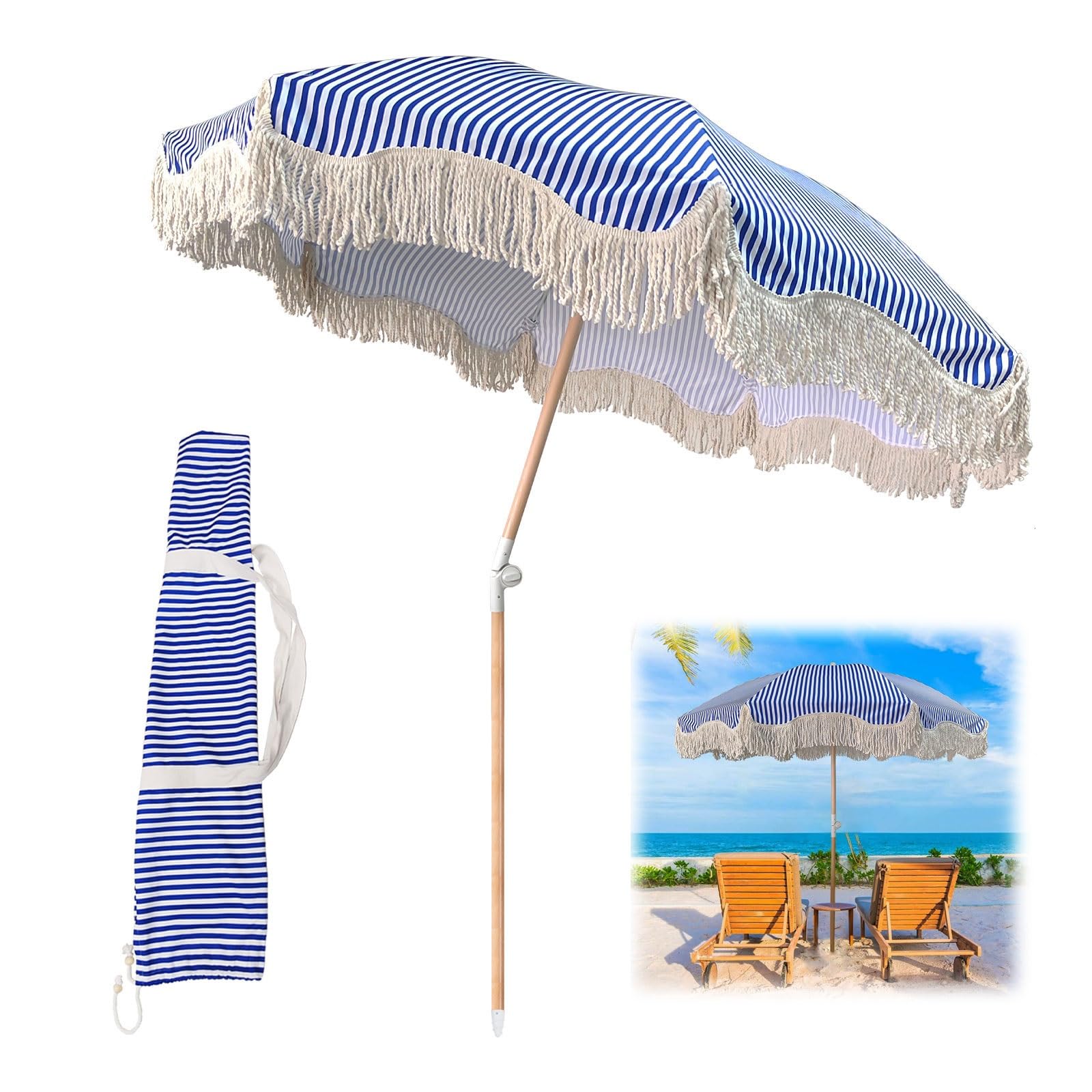 Parasol przeciwsłoneczny na patio przenośny z nachyleniem, 8 solidnych żeber, drążek 3,20 cm, niebiesko-białe paski na targ plażowy