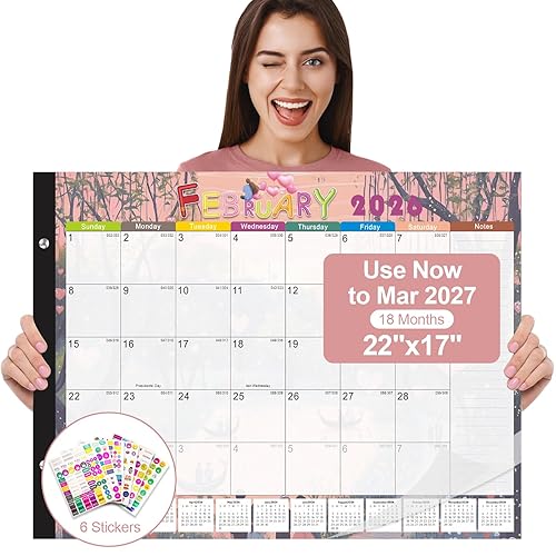 Gannyfer Desk Calendar 2026, 18-Month Large Desk Calendar 2026-2027, Use Now Until March 2027, 22" x 17" Desktop Pad Calendar, with Notes Section, Thick Paper, Large Grid Layout (6 Stickers Included)
