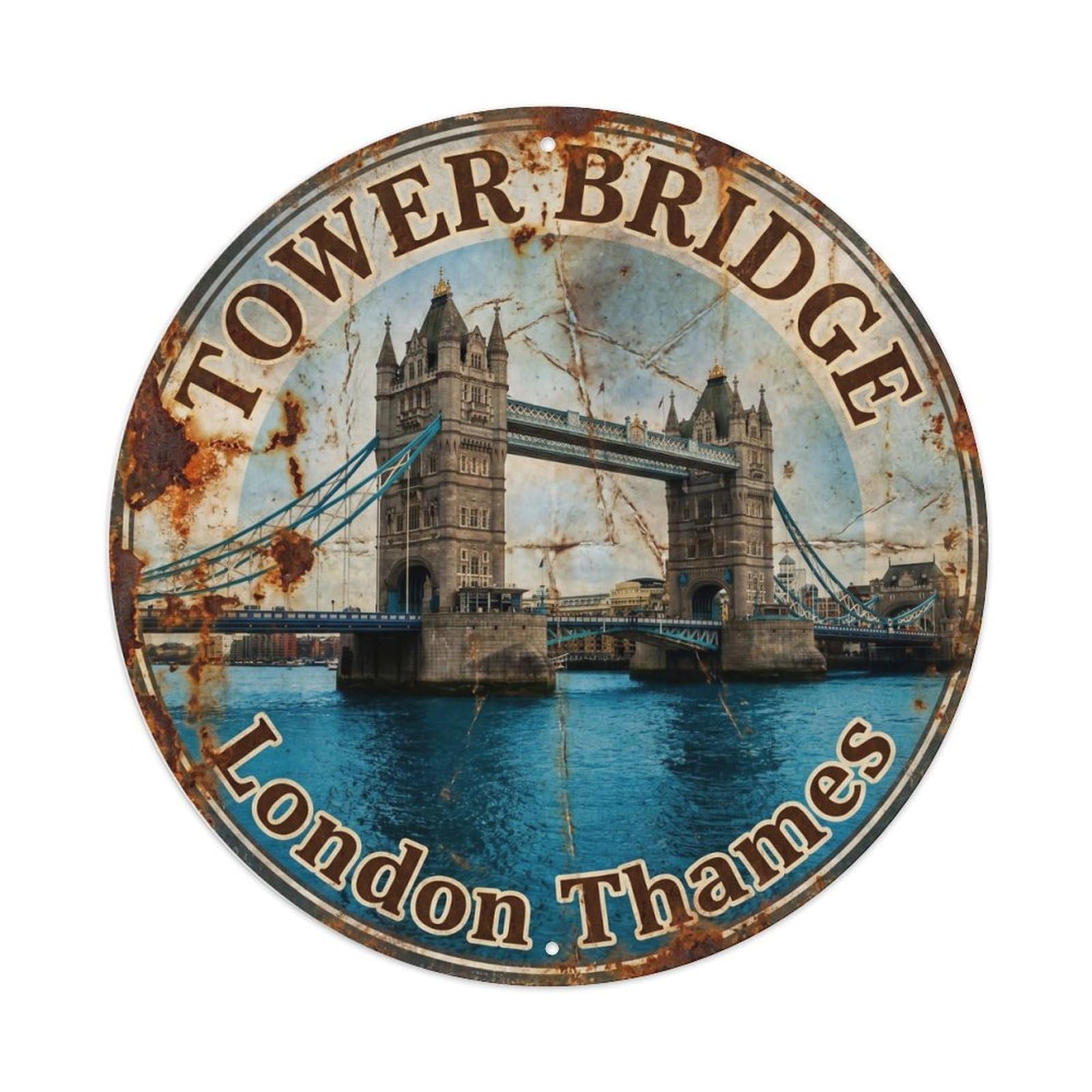 Vintage Travel Tower Bridge Thames Metal Tin Sign Plaque Wall Decor for Cafe, Club Bar, Office, Home Garden Round Metal Poster 8x8Inch
