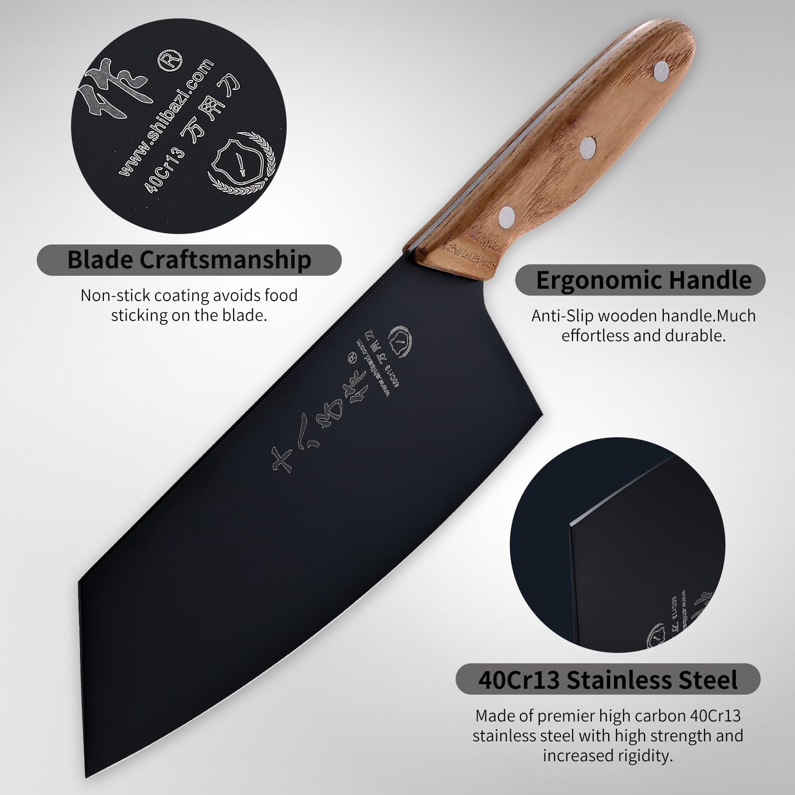 Coltello Chef da Cucina con Lama Nera e Maniglia in Legno Ergonomica