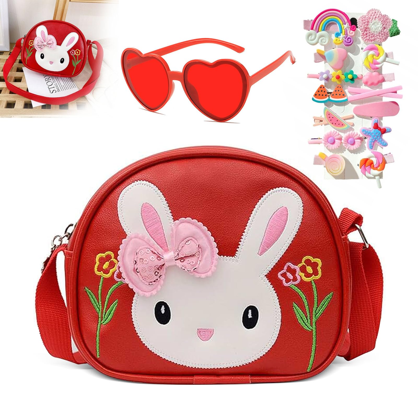 dogmoon Bolso de conejo para niña, bolso de mano para niña con 1 gafas y 14 pinzas para el pelo, monedero de conejo para niños, piel sintética, mini bolso de mano para niños