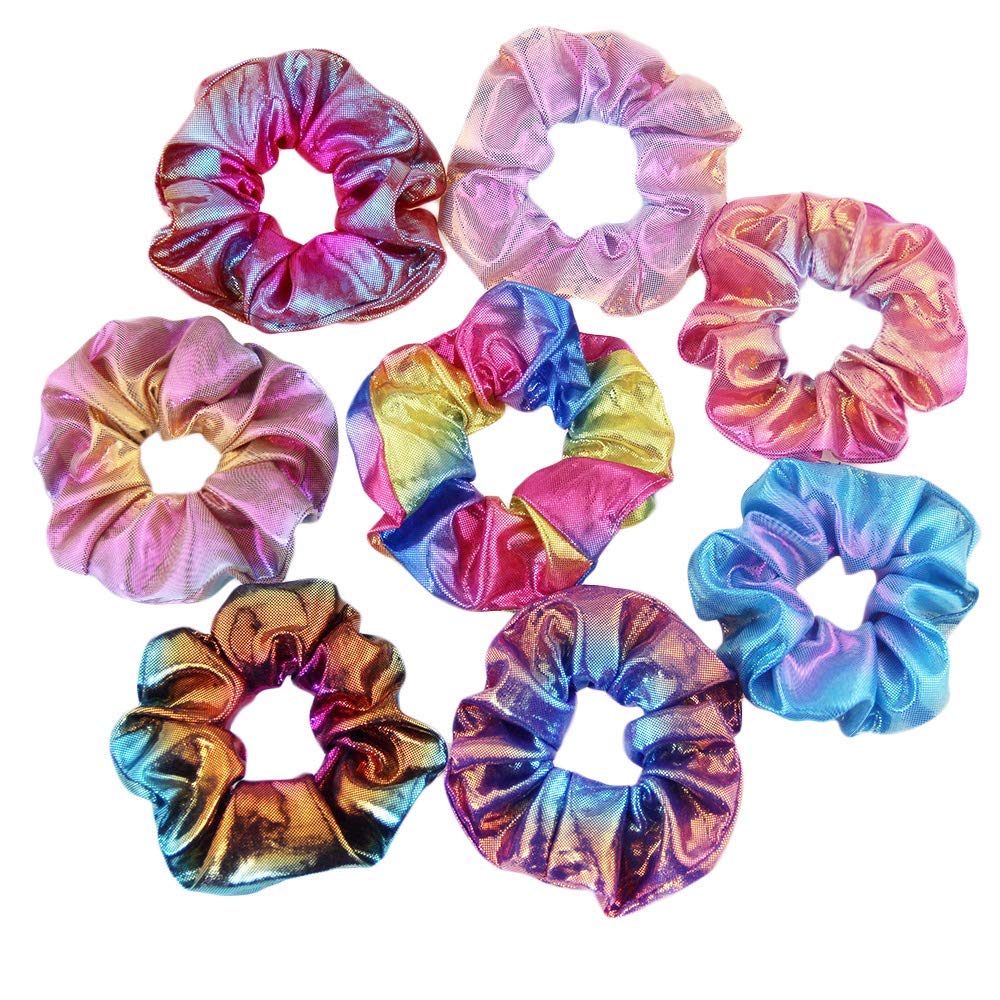 8 Pcs Colorful Shiny Metallic Scrunchies, 8 Colors Scrunchy Gradient Metallic Mermaid Colors Hair Ties, Shiny Elastic Hair Bands Ponytail Holder for Women Girls, 2 Sides in Different Color