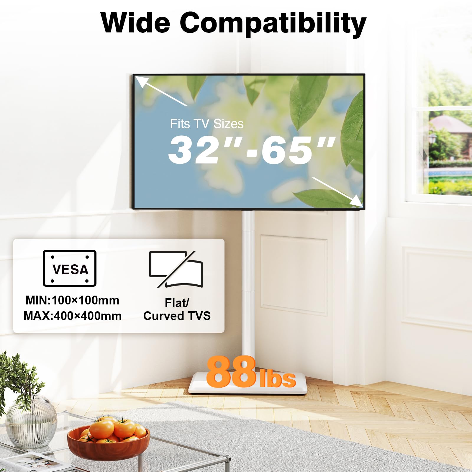 TVON Supporto TV da pavimento con supporto per la maggior parte dei televisori piatti/curvi da 32-60 pollici fino a 39,9 kg, supporto TV regolabile in altezza con base in legno, supporto girevole per