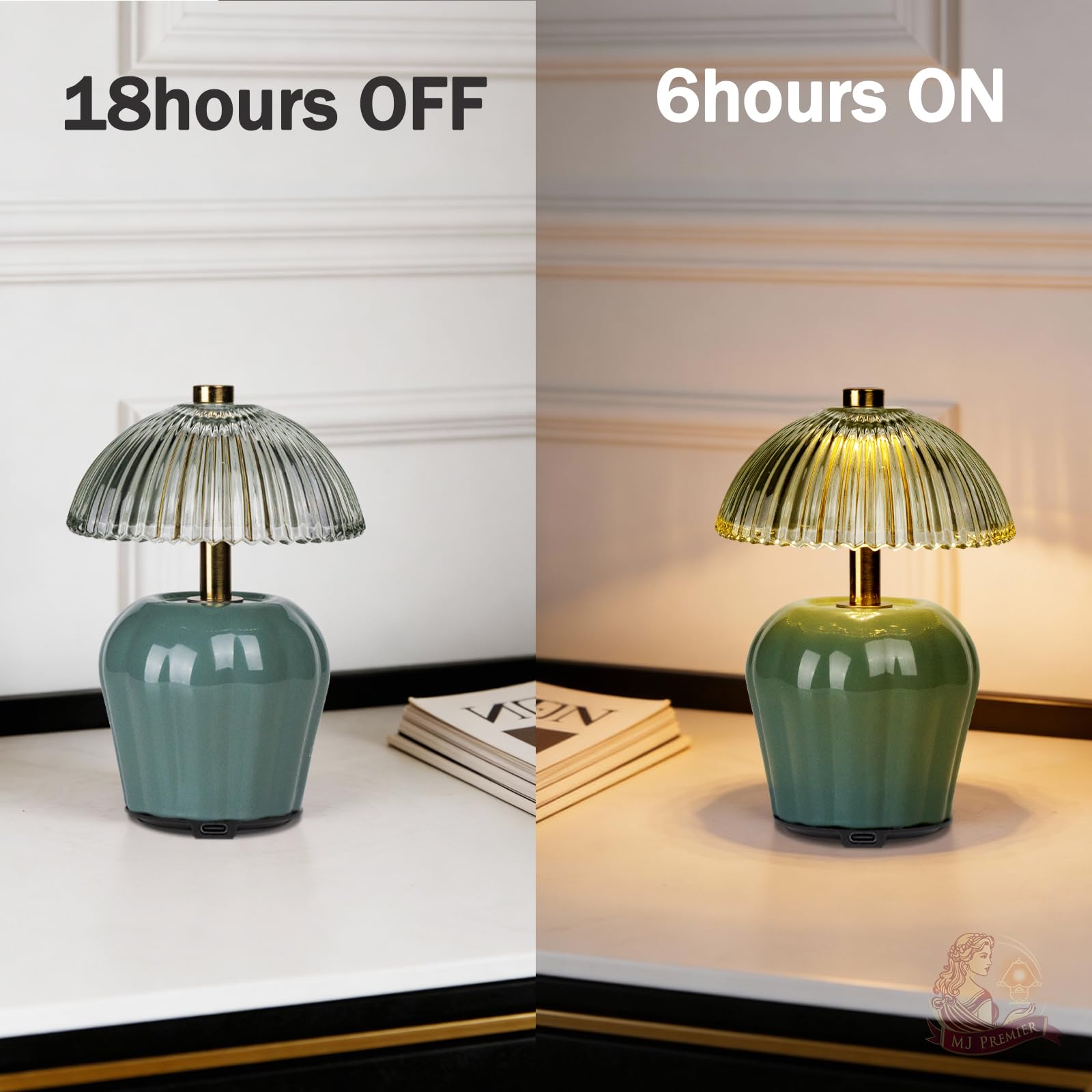 MJ PREMIER Lampada da tavolo ricaricabile, lampada senza fili con timer, mini paralume in vetro, piccole lampade da tavolo, luce LED decorativa per camera da letto, soggiorno, mensola (verde)