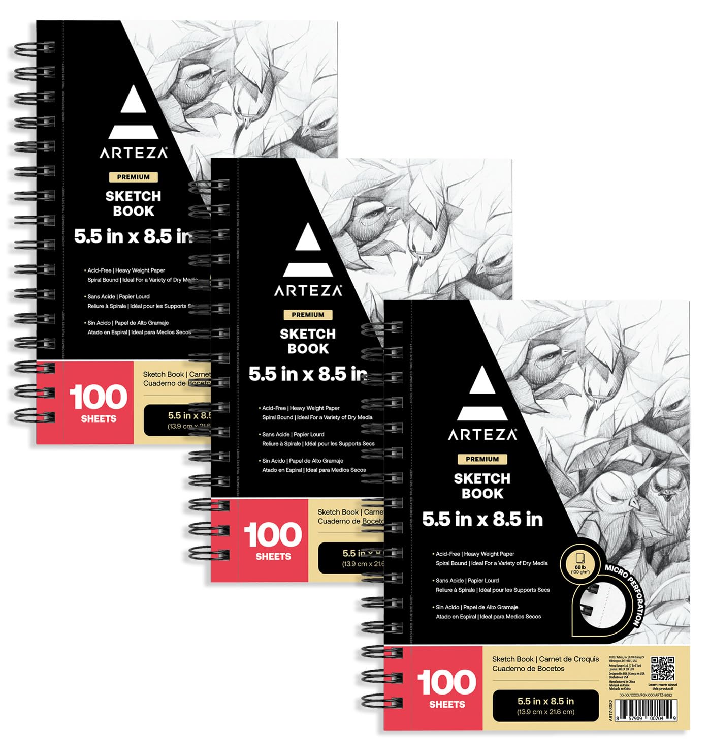 ARTEZA Spiral Sketch Book 5.5x8.5 Drawing Pad 3 Pack 200 Sheets Sketch Pads for Drawing for Adults & Teens