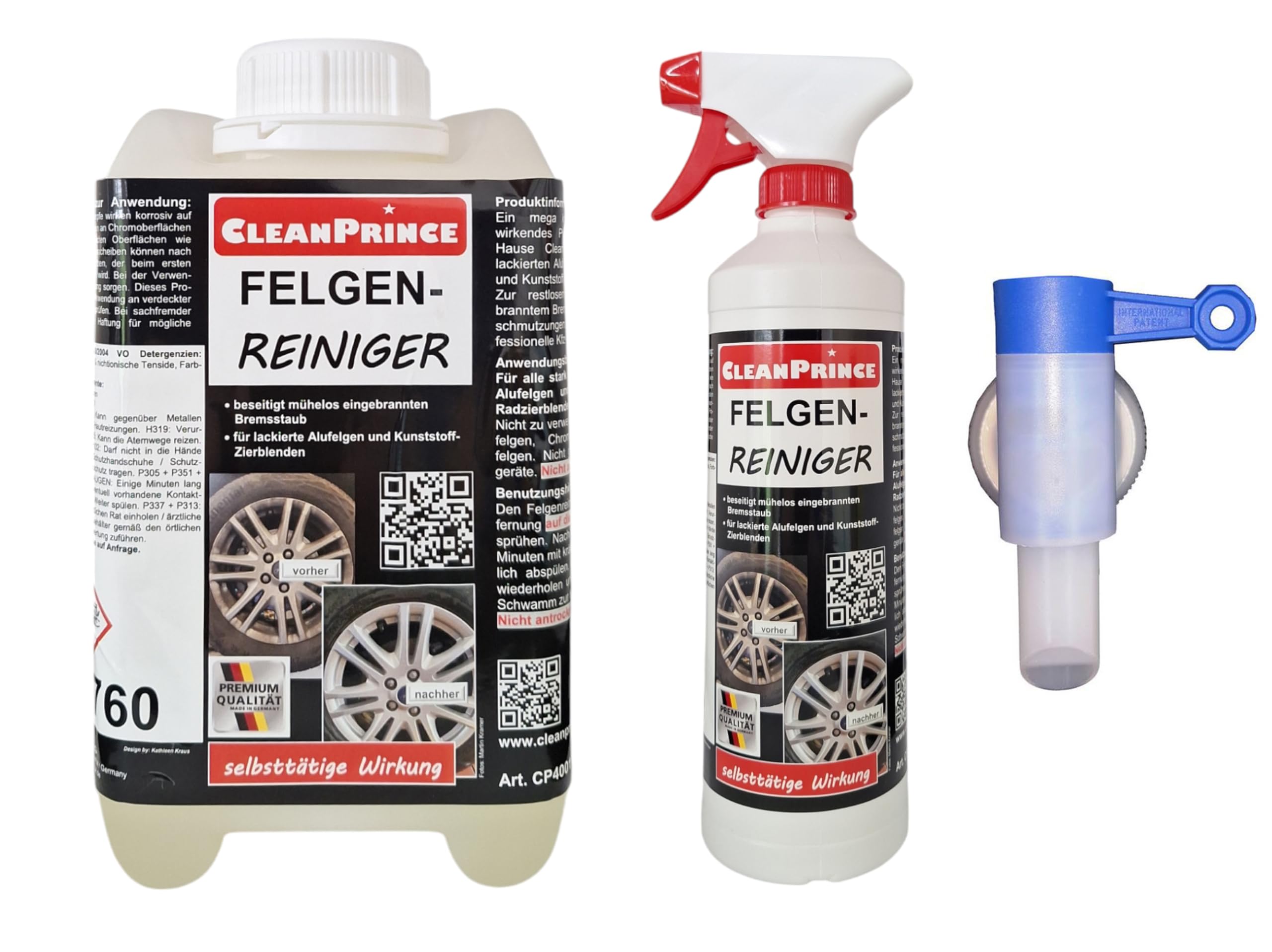 CleanPrince środek do czyszczenia felg o pojemności 2,5 l, z kranem, gotowy do użycia felgę aluminiową, felgę, stalowa, osłona ozdobna, środek do czyszczenia felg, olej, smar, olej łańcuchowy, resztki kurzu hamulcowego, bardzo mocny środek do usuwania bru