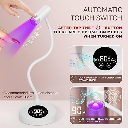 Miniatura 2 de AORAEM Lámpara de uñas LED UV, lámpara recargable de cuello de cisne para uñas de gel, 12 W, secado rápido, luz LED de uñas, secadora con 4