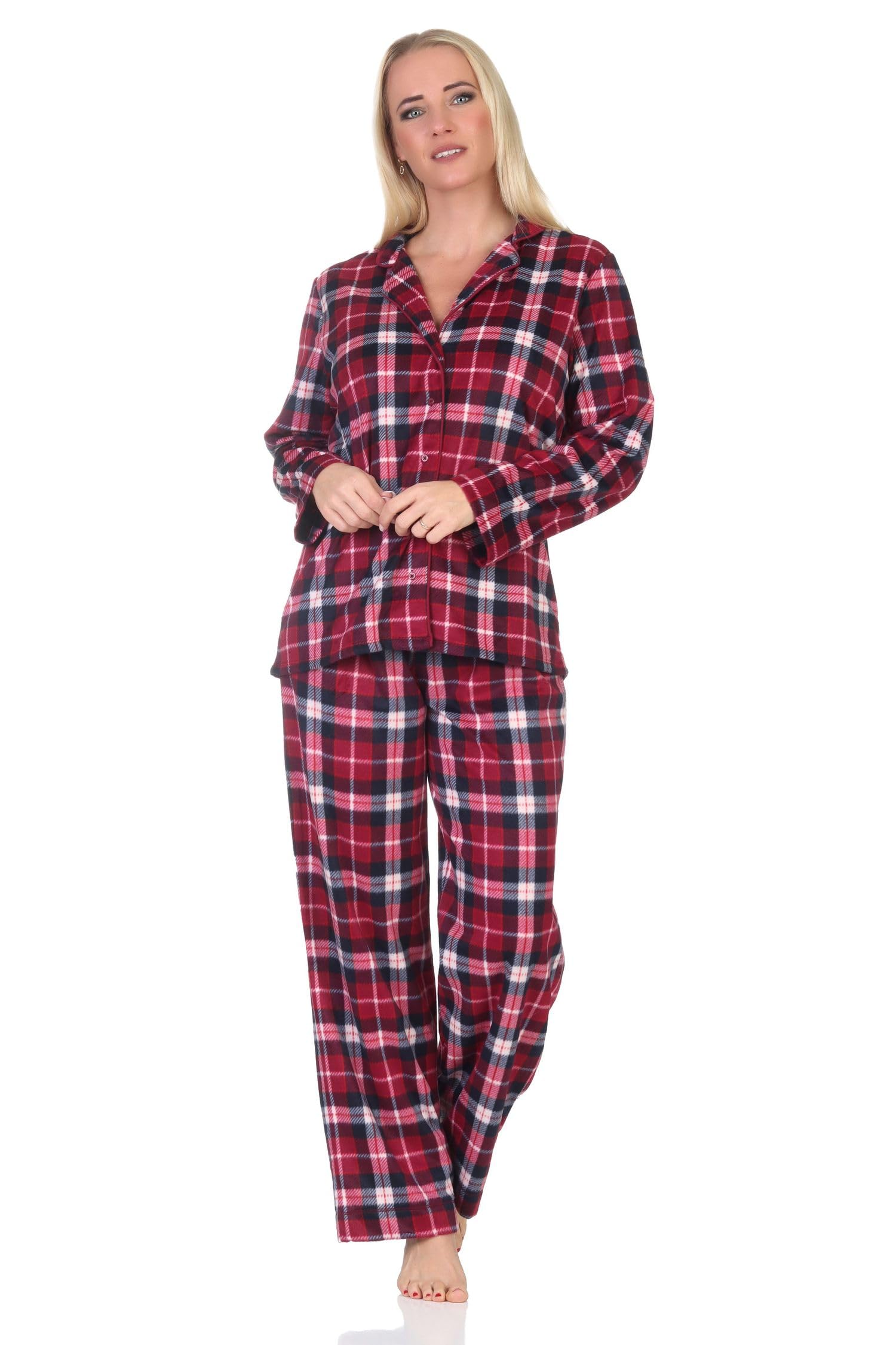 Normann Women's Fleece Pyjamas Long in Elegant Checked Look to Button Through, red, 36-38