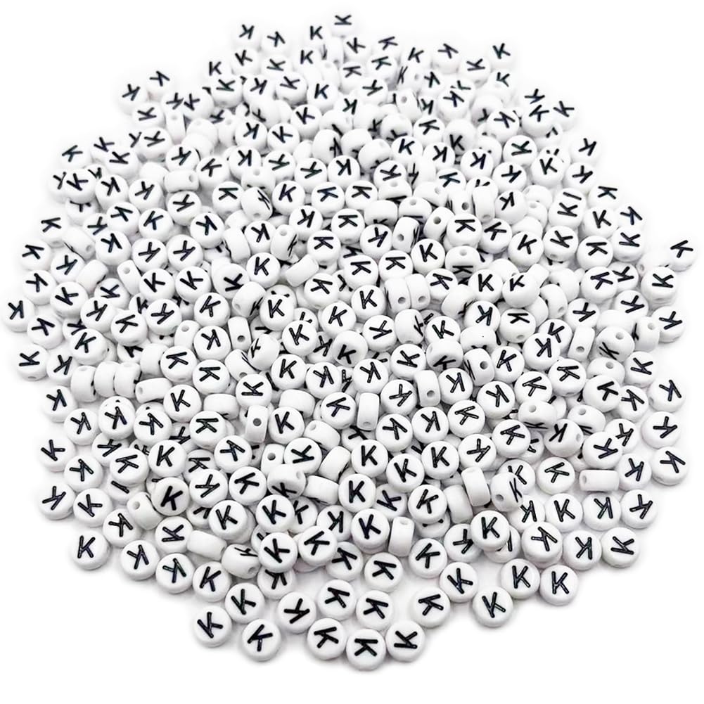 500PCS 4x7mm Acrylic Letter Beads K for Friendship Bracelet Jewellry Making, White Flat Round Acrylic with Black Alphabet Beads for DIY Crafts Bracelets Necklaces Key Chains Phone Lanyards