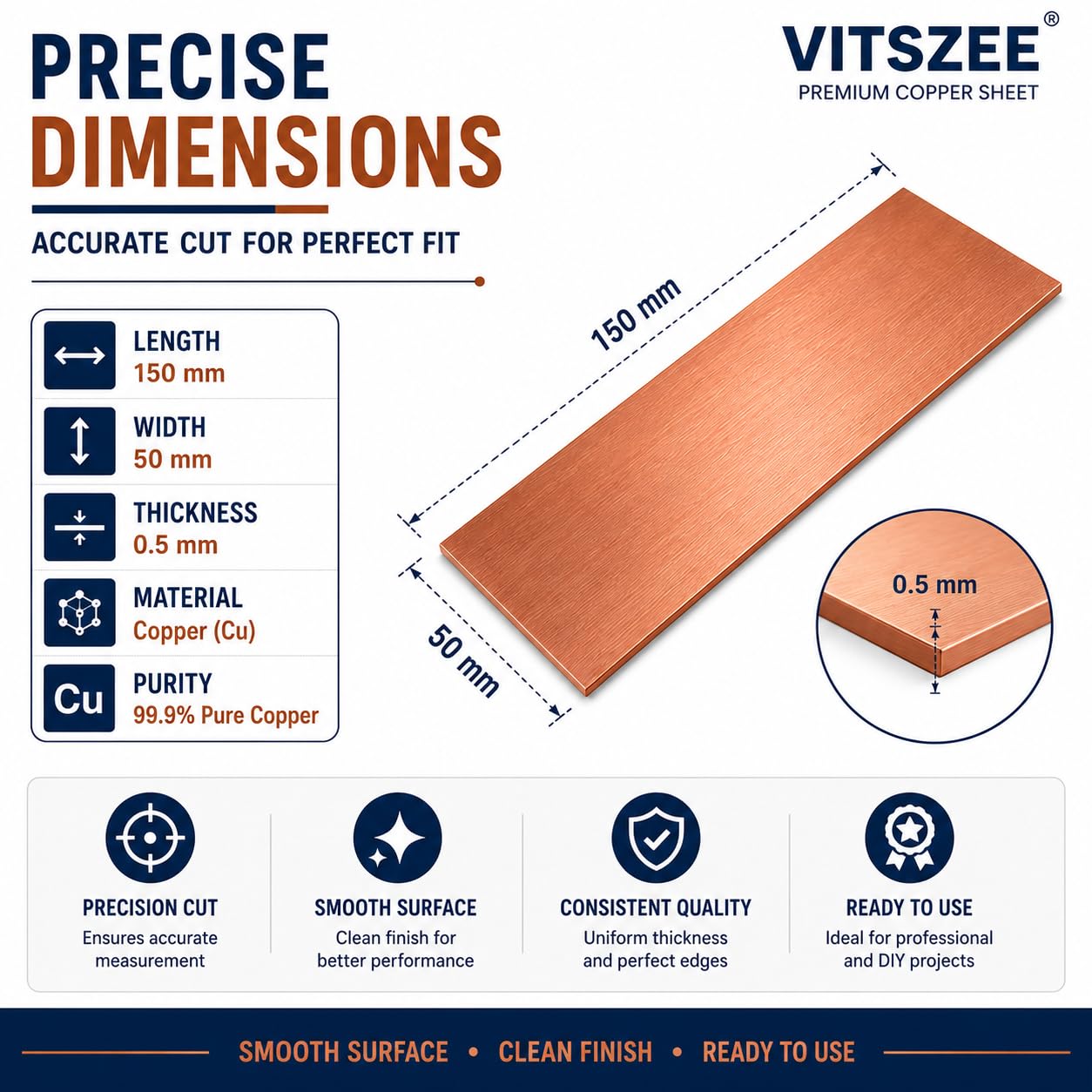 VITSZEE 99.9% Pure Copper Cu Metal Sheet Plate 150 x 50 x 0.5 mm | Premium Copper Strip for DIY Crafts Electrical Conductivity Engineering Science Projects Welding Hobby Art & Industrial Applications 1