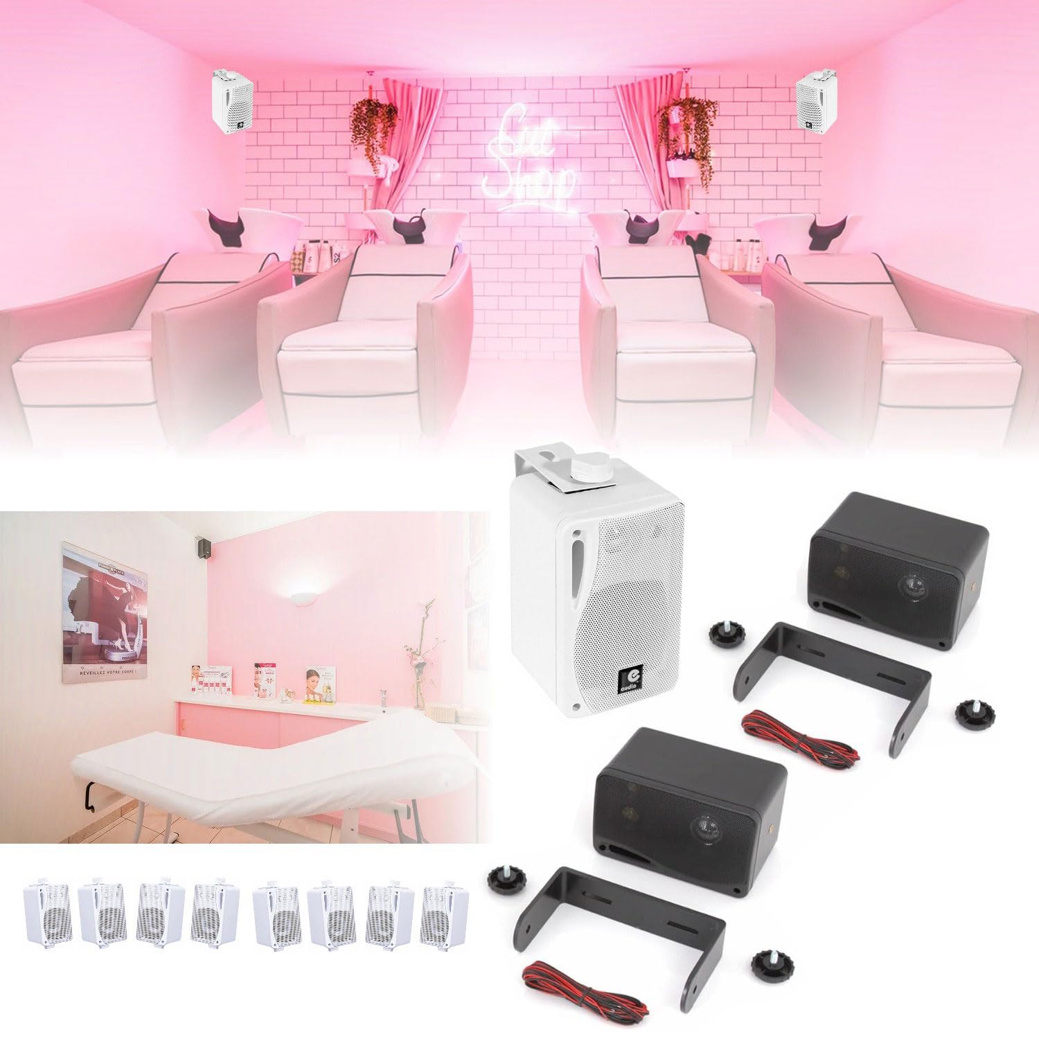 LTC - Pack HiFi Ampli Bluetooth Stéréo USB SD MFA1200USB-BT-BL 2x50W - 4 Paires Mini Enceintes B416 Blanches 80W - Restaurant Commerce