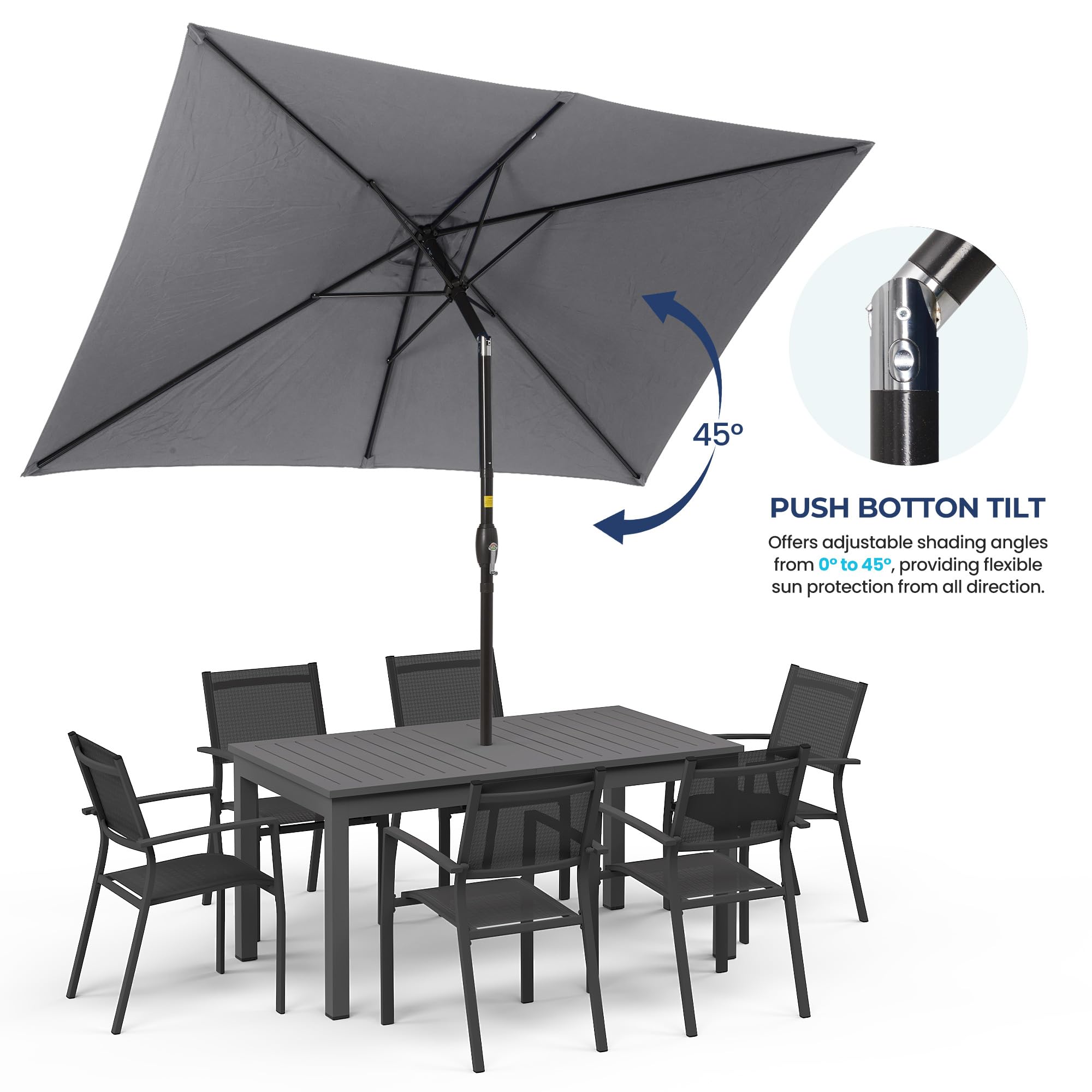 SUNVIVI OUTDOOR Sombrilla rectangular de 6.5 x 10 pies, poste de aluminio, sombrilla de mercado para mesa al aire libre con manivela, 6 varillas de acero, toldo de poliéster, color gris