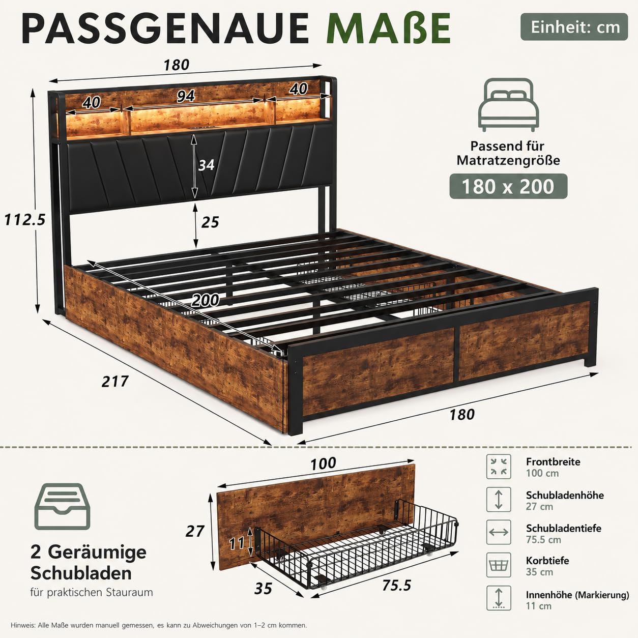 Doppelbett 180x200 cm Metall Holz 4 Schubladen App LED USB Steckdose Bett