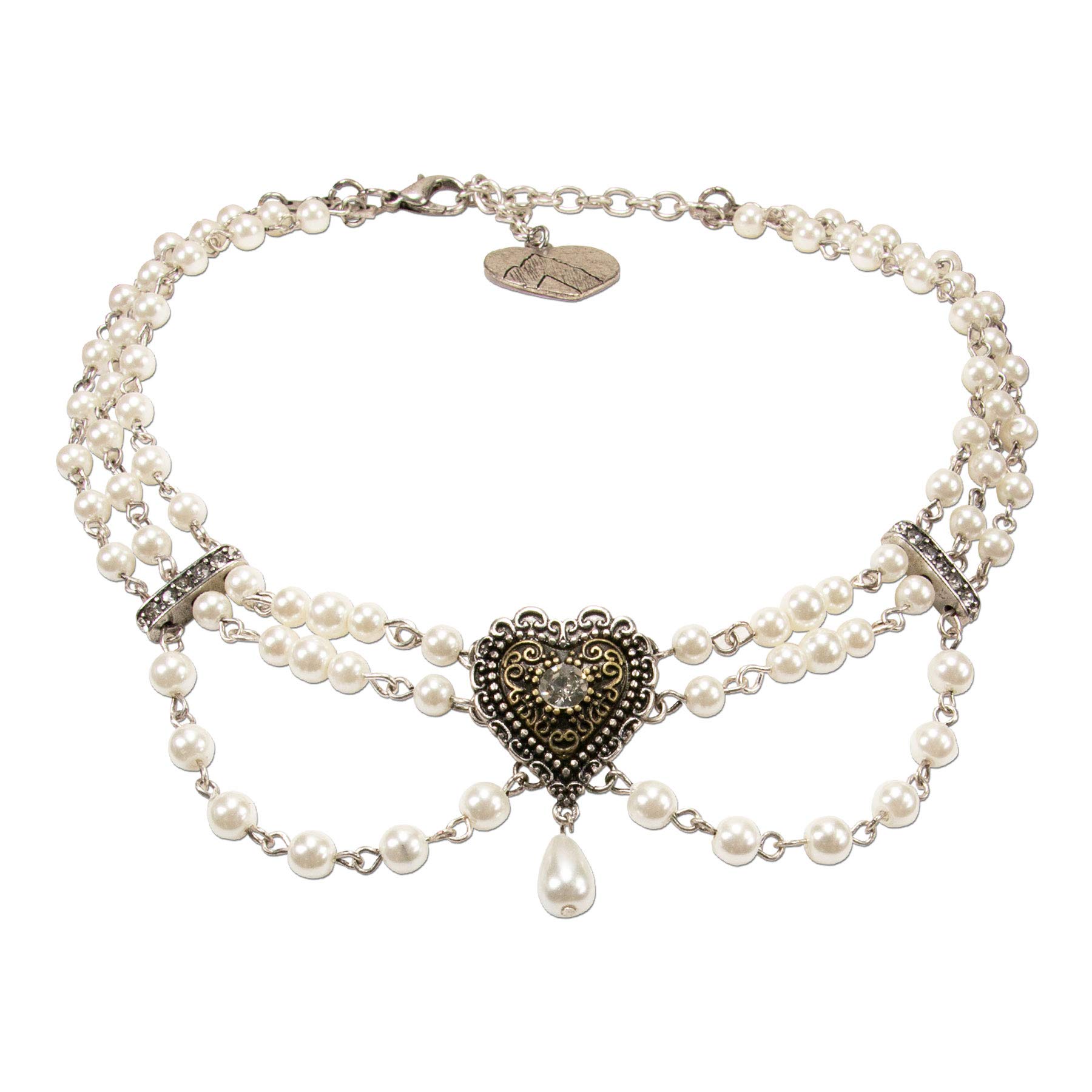Alpenflüstern Trachtenschmuck-Set Perlen-Korpfkette und Trachten-Ohrstecker Trachtenherz - Damen Trachten-Schmuck Trachtenset Dirndl-Kette und Trachten-Ohrringe (creme-weiß) SET057