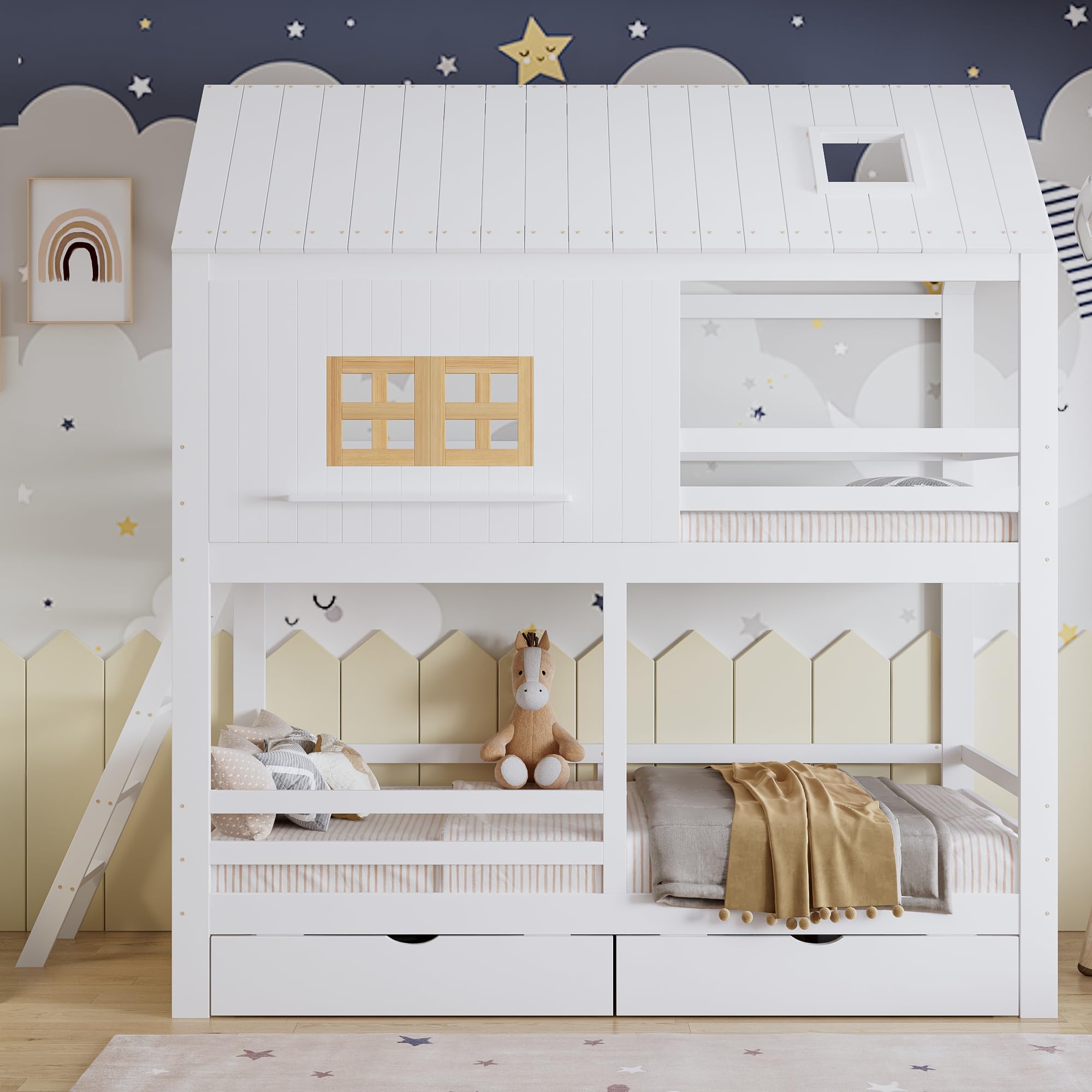 Kinderbett 90x200 cm mit Schubladen und Offene Regale, Etagenbett mit Hausformen und Fenster, Stauraumbett mit Leiter, Holzbett für Kinder und Jugendliche, Weiß+Natur-B(Ohne Matratze)