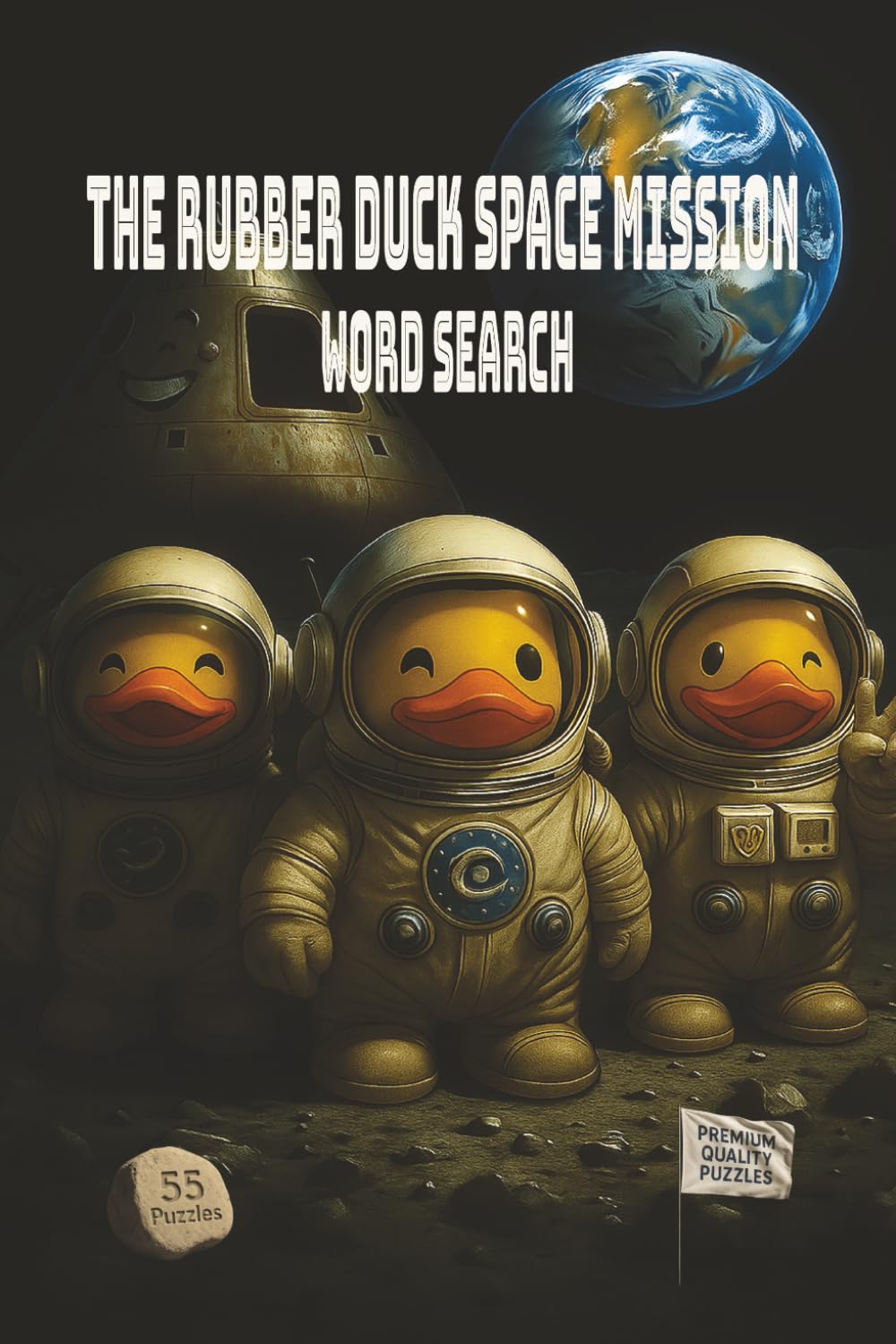 The Rubber Duck Space Mission Word Search: A compact puzzle adventure featuring 55 space-mission word searches, 1,000+ hidden words, and a whimsical duckonaut crew steering you through the journey
