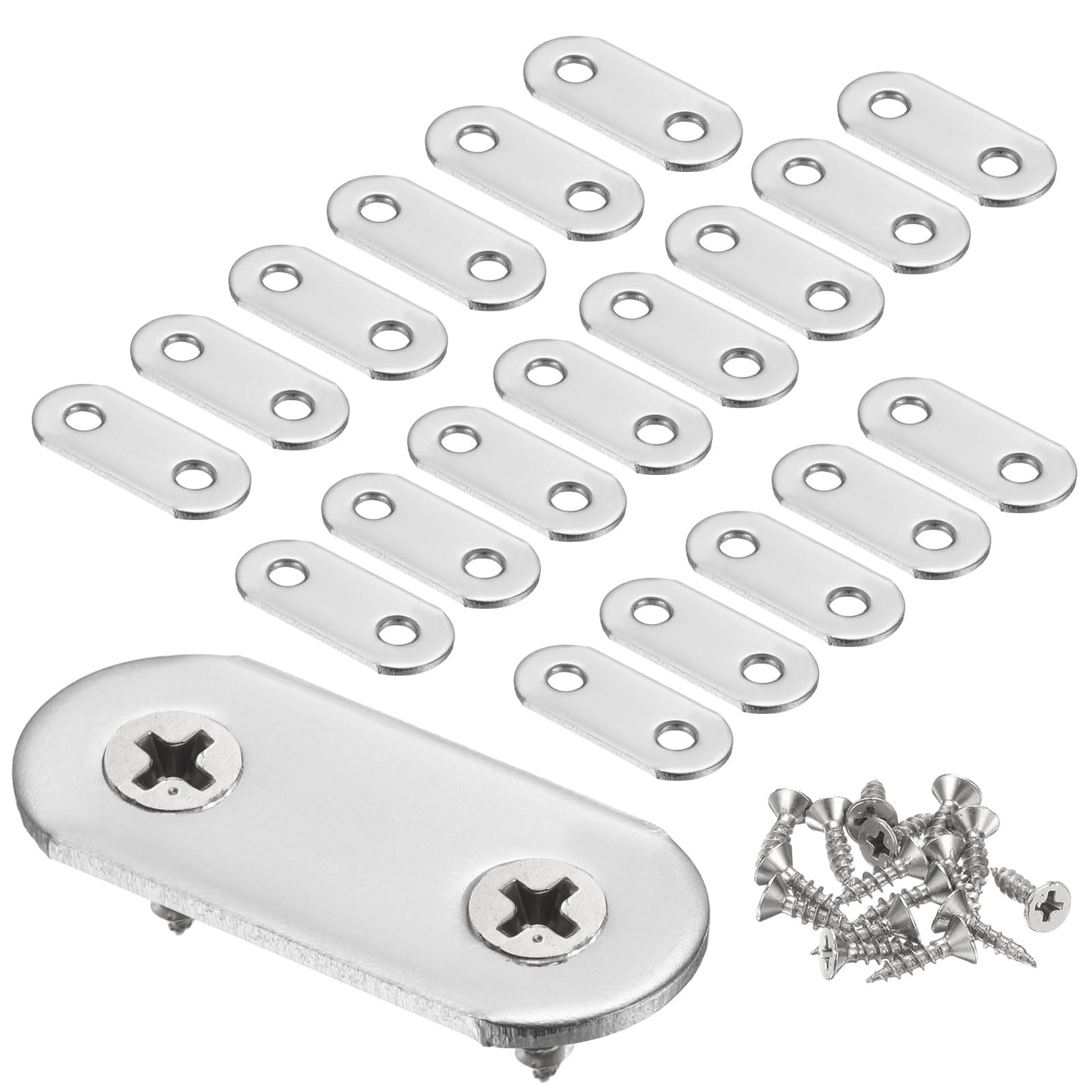 sourcing map 20pcs Straight Bracket 1.4" x 0.6" Stainless Steel Flat Fixing Brackets Mending Plate Corner Brace Connector with 40 Screws for Wood Board Bed Frame Furniture Shelves, Silver