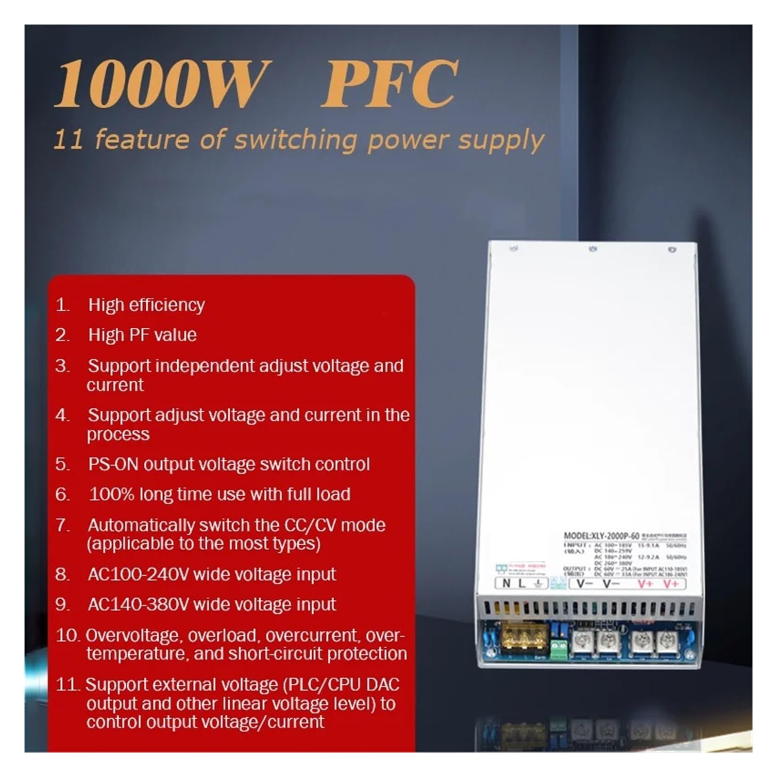Zasilacz impulsowy 1/2/3 kW z PFC AC na DC