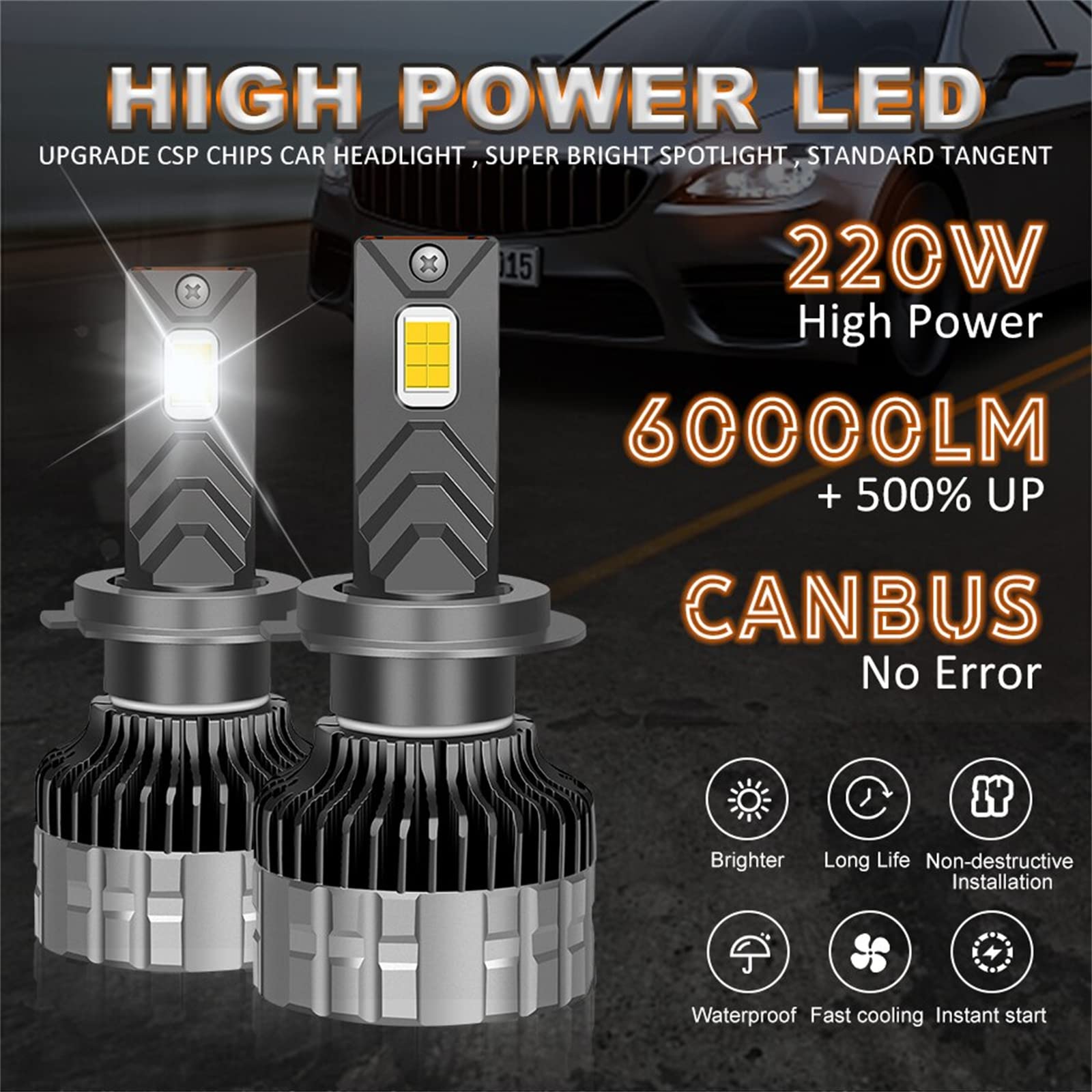 Bombillas LED, Luces LED 600% Más Brillantes, Más De 50 000 Horas De Vida Útil, 6000 K Xenón Blanco Sin Polaridad, Paquete De 2,H7