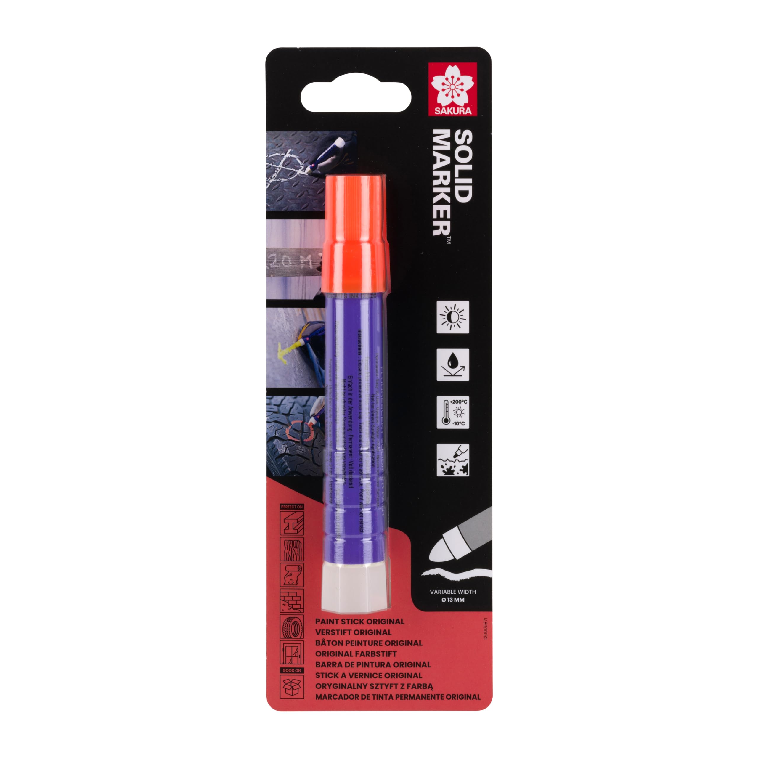 SAKURA Solid Marker Original - Fluo Orange - High Temp Durable Paint Stick - Marks All Surfaces - 12 mm Diameter - Innovative Twist Mechanism - Quick Drying Permanent Ink - Ideal for Industrial Use