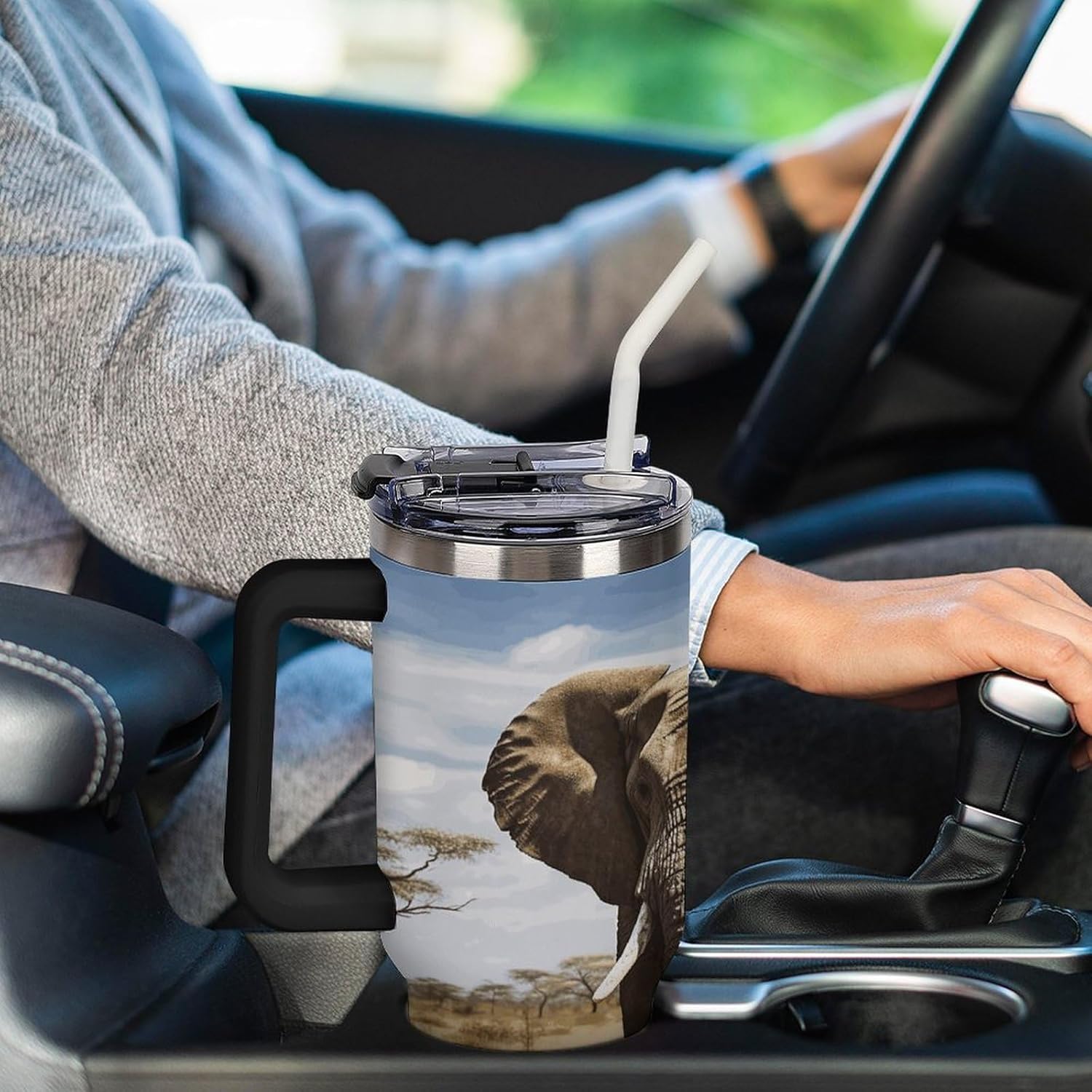 Elephant Travel Coffee Mug Reusable Durable Stainless Steel Insulated Tumbler with Handle And Straw Leak Resistant Portable Thermal Cup Gifts for Men Women 40 Oz