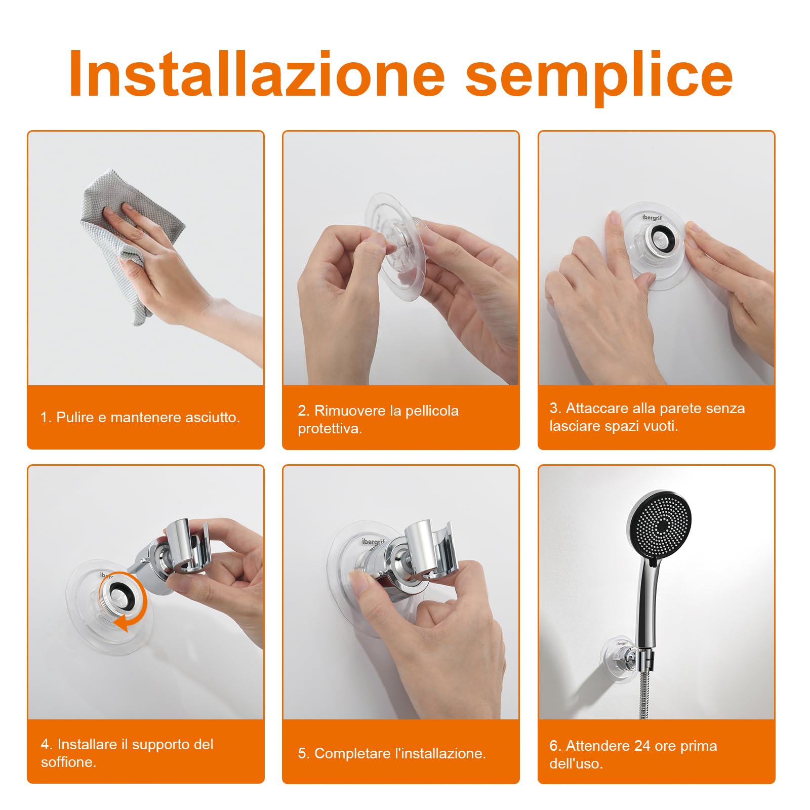 Ibergrif M20407 Supporto per Doccia, Adesivo Staffa Soffione, Doccia Senza Necessità di Trapano, rotazione a 360°, adatta per casa, hotel, bagno