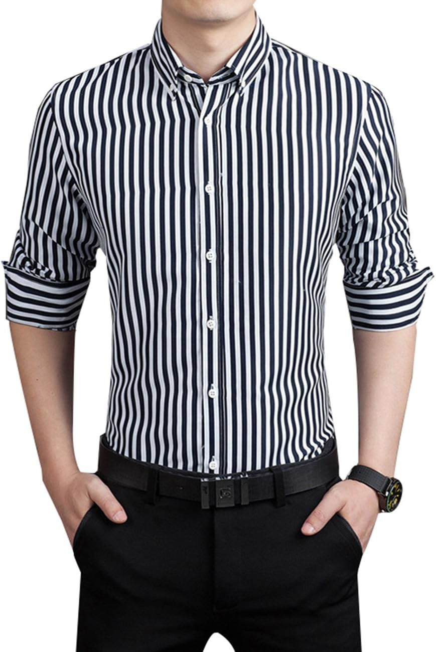 Men's Casual Business Vertical Striped Button Down Long Sleeve Dress Shirts