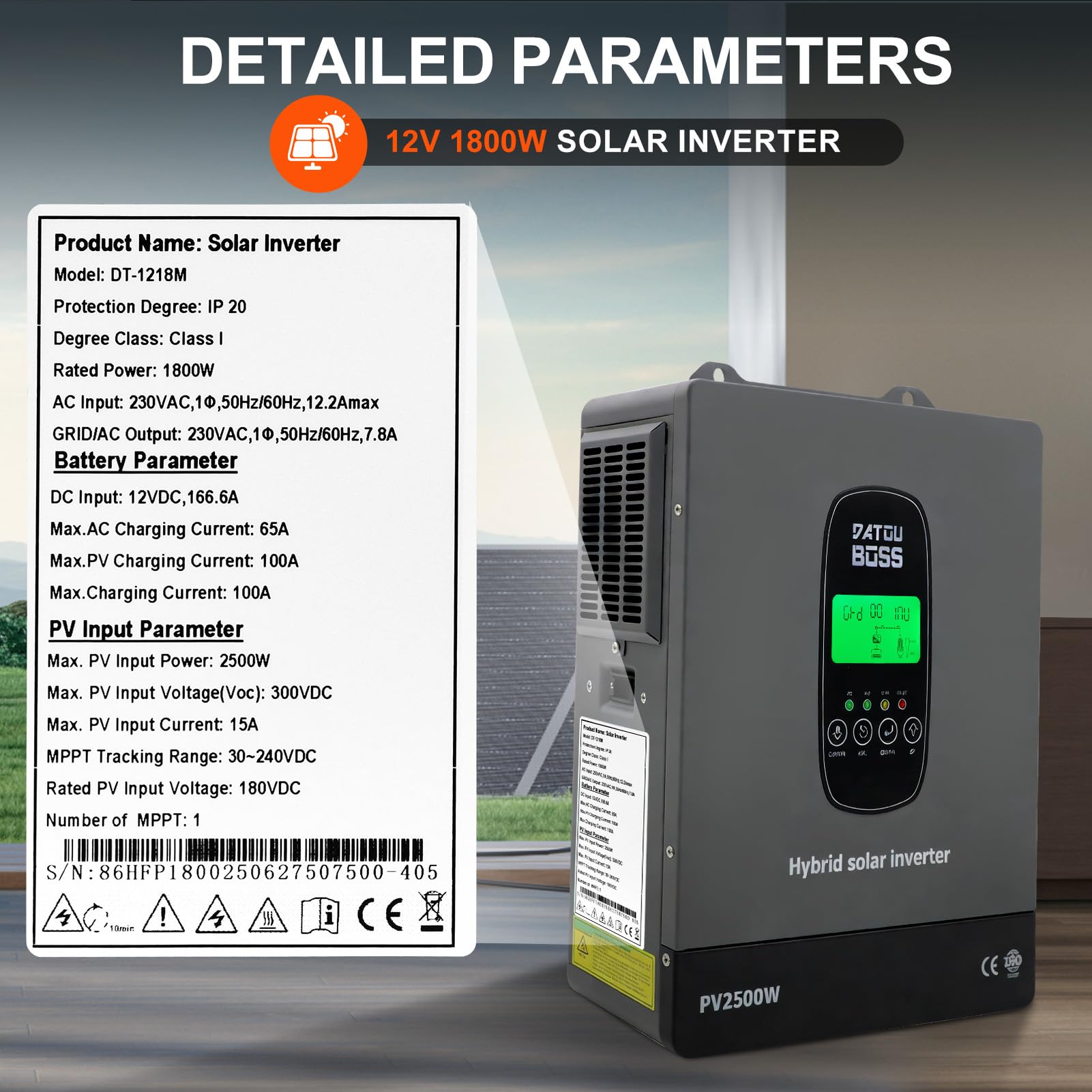 DATOUBOSS Inverter Ibrido Solare 1800W 12V Onda Sinusoidale Pura, Inverter 12V a 220V/230V AC con Regolatore di Carica Solare MPPT, Sistema di Protezione BMS, per Batterie al Litio (12V-1800W)