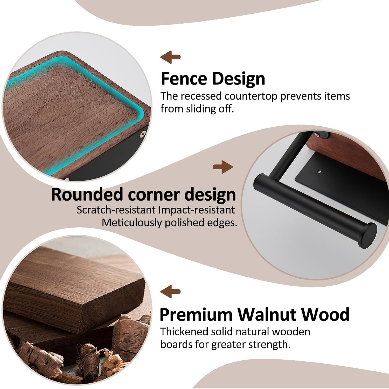 Toilet Paper Holder with Walnut Wood Shelf, Adhesive & Wall Mounted Toilet Paper Roll Holder, Black Stainless Steel Rustproof Toilet Paper Holder for Bathroom, Washroom, RV, Kitchen