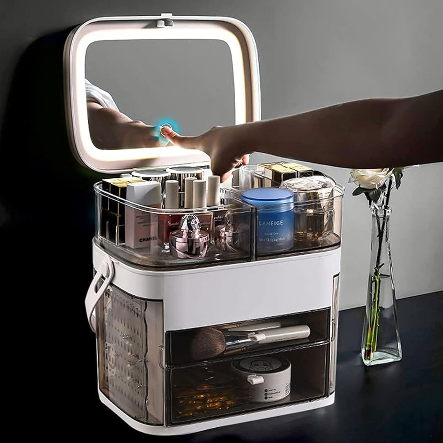 Makeup Storage Organizer Box with Fully Open Lid Drawers Handle Skincare Case elegant display cabinet for Bathroom Countertop and Bedroom Vanity Dresser