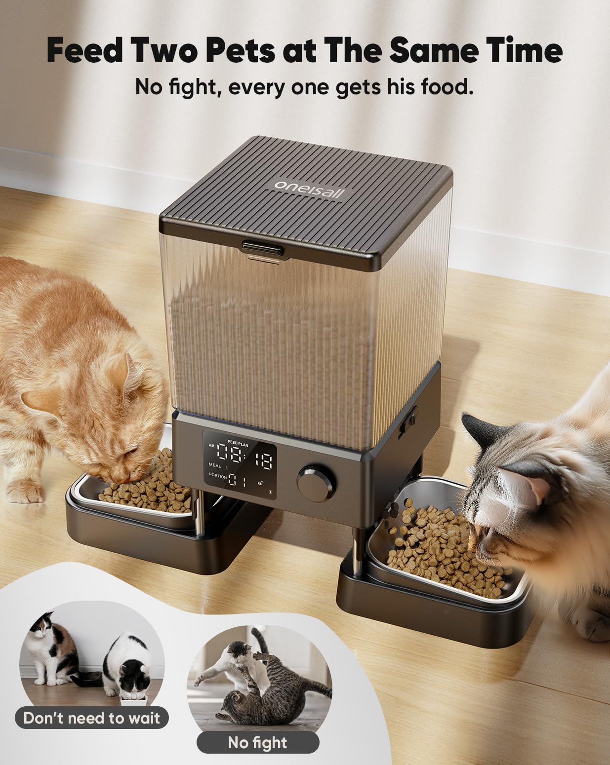 oneisall 5L mangiatoia automatica per gatti 2 ciotole, mangiatoia per gatti con un solo pulsante, facile da usare, distributore di cibo per gatti/cani, con ciotola in acciaio inox, registratore vocale