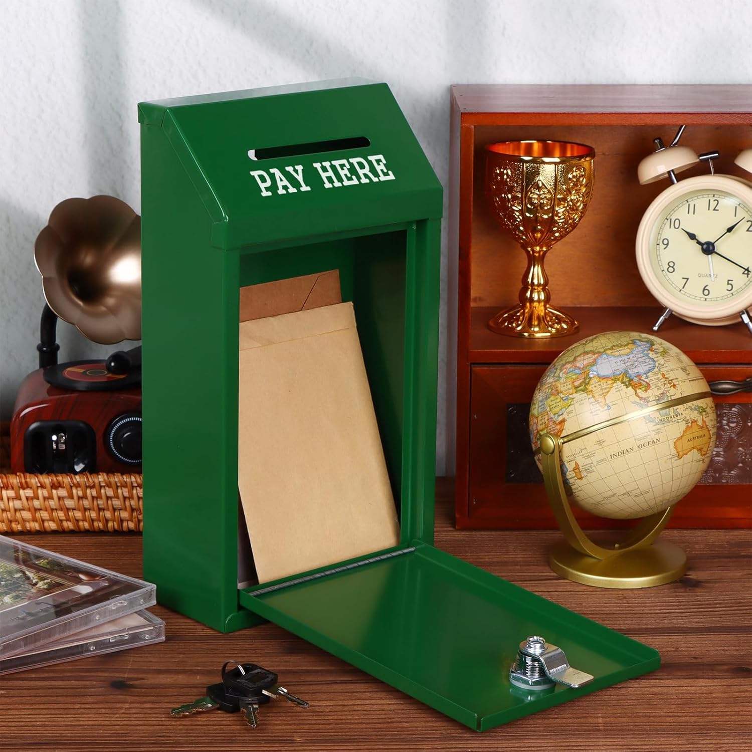 Metal Donation Box Collection Safe Suggestion Box with Lock Wall Mounted Mailbox Delivery Ballot Case Key Drop Case for Home Office Outdoor Door (Green, 10.24 x 5.71 x 2.95 Inch)