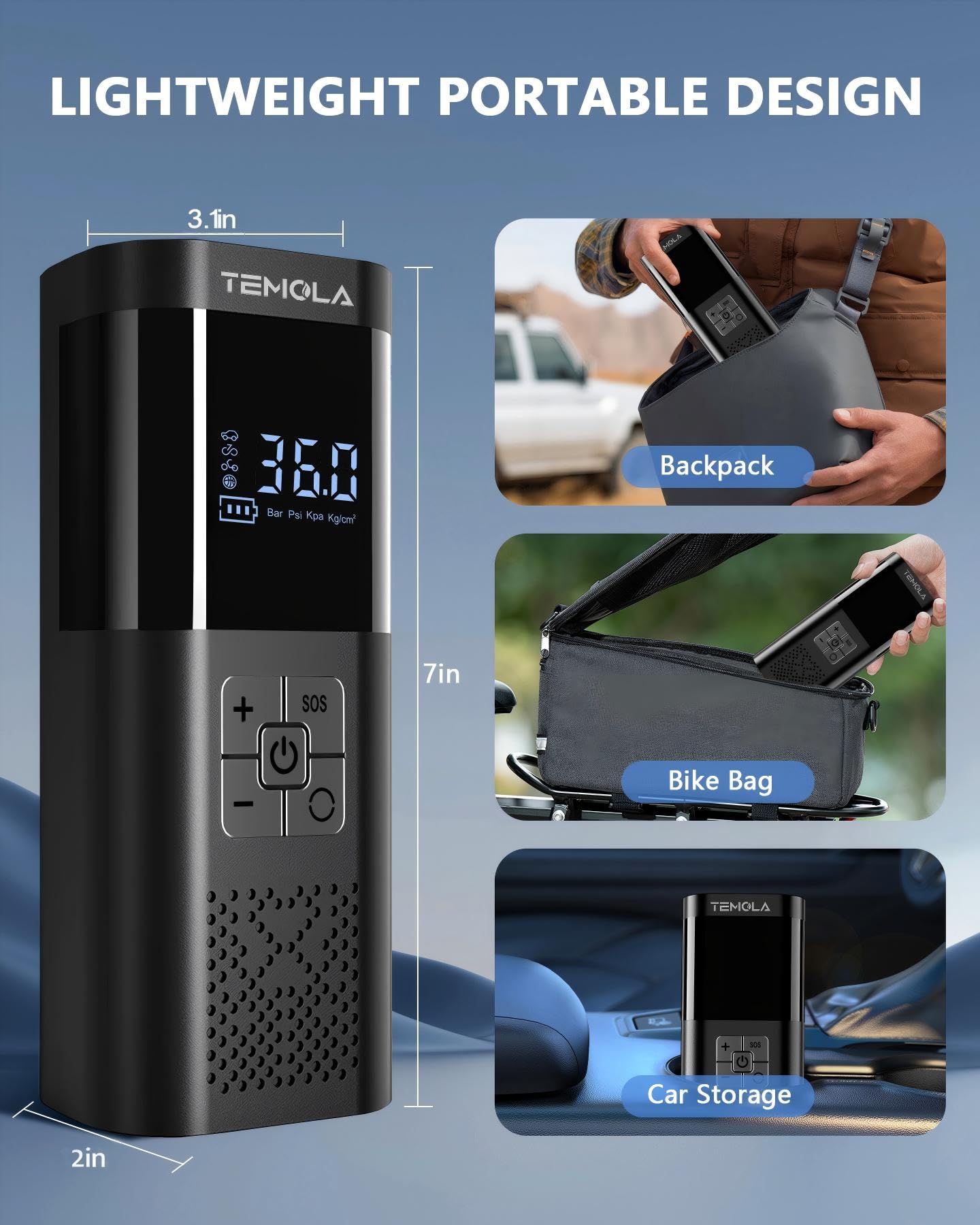 TEMOLA Tire Inflator Portable Air Compressor, Air Pump for Car Tires — view 6