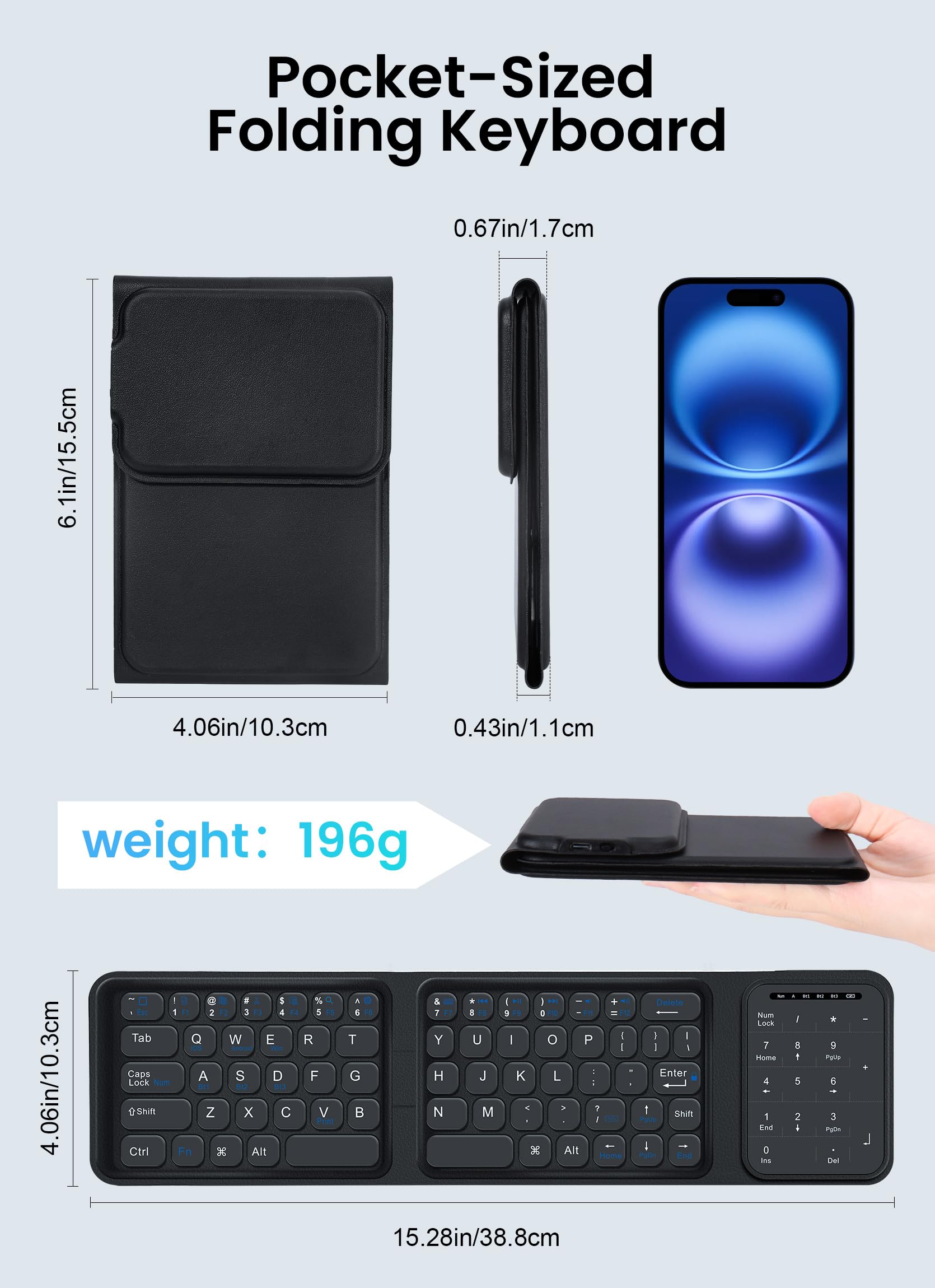 Clavier Bluetooth pliable sans fil avec pavé tactile et pavé numérique, clavier de voyage portable pour iPad, tablette, smartphone, ordinateur portable, PC, Windows, iOS, Android, noir
