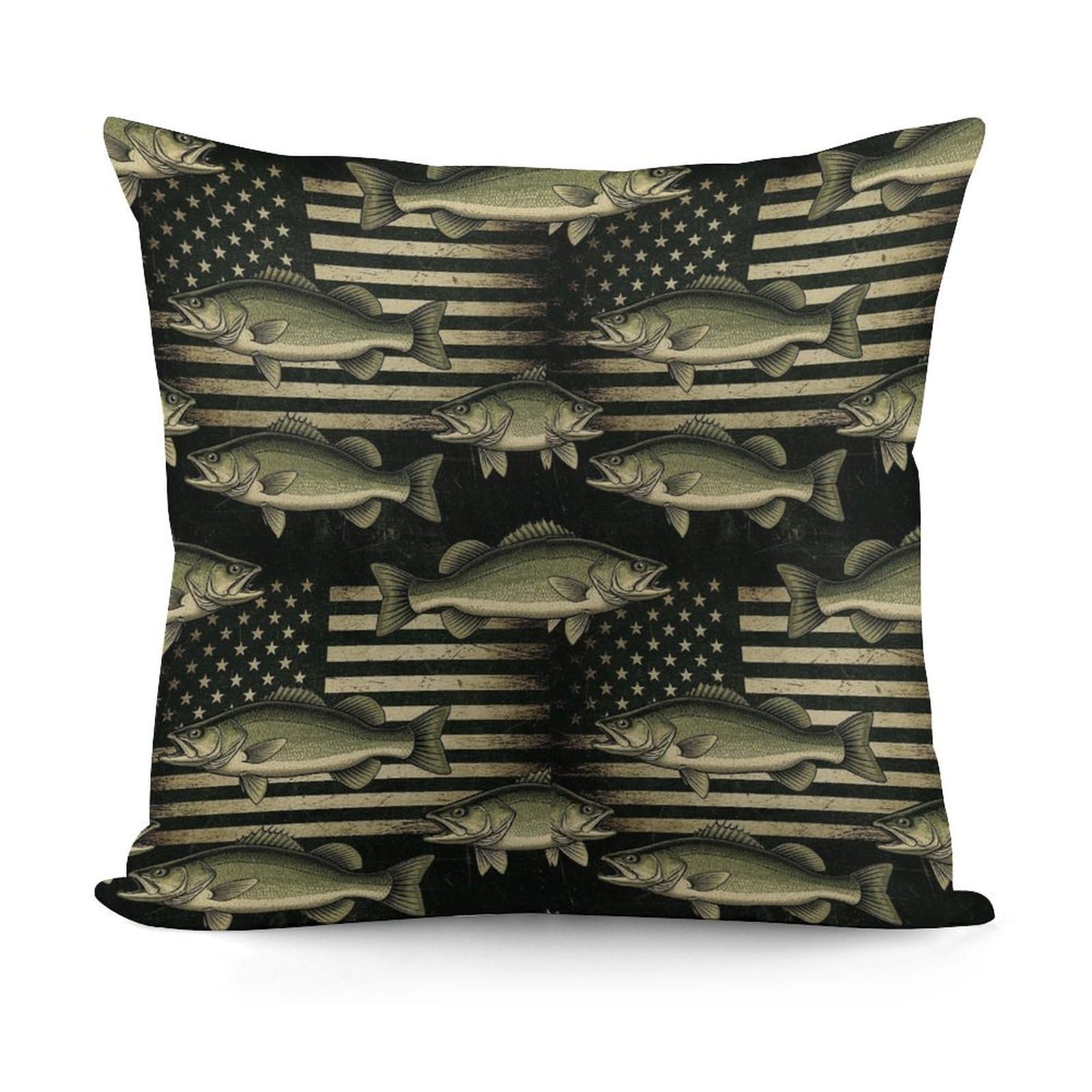 Fashion Softffy Pattern Decorative Bass Fishing Hunting Camo Camouflage American Flag Pillow Covers for Sofa, Couch, Living Room