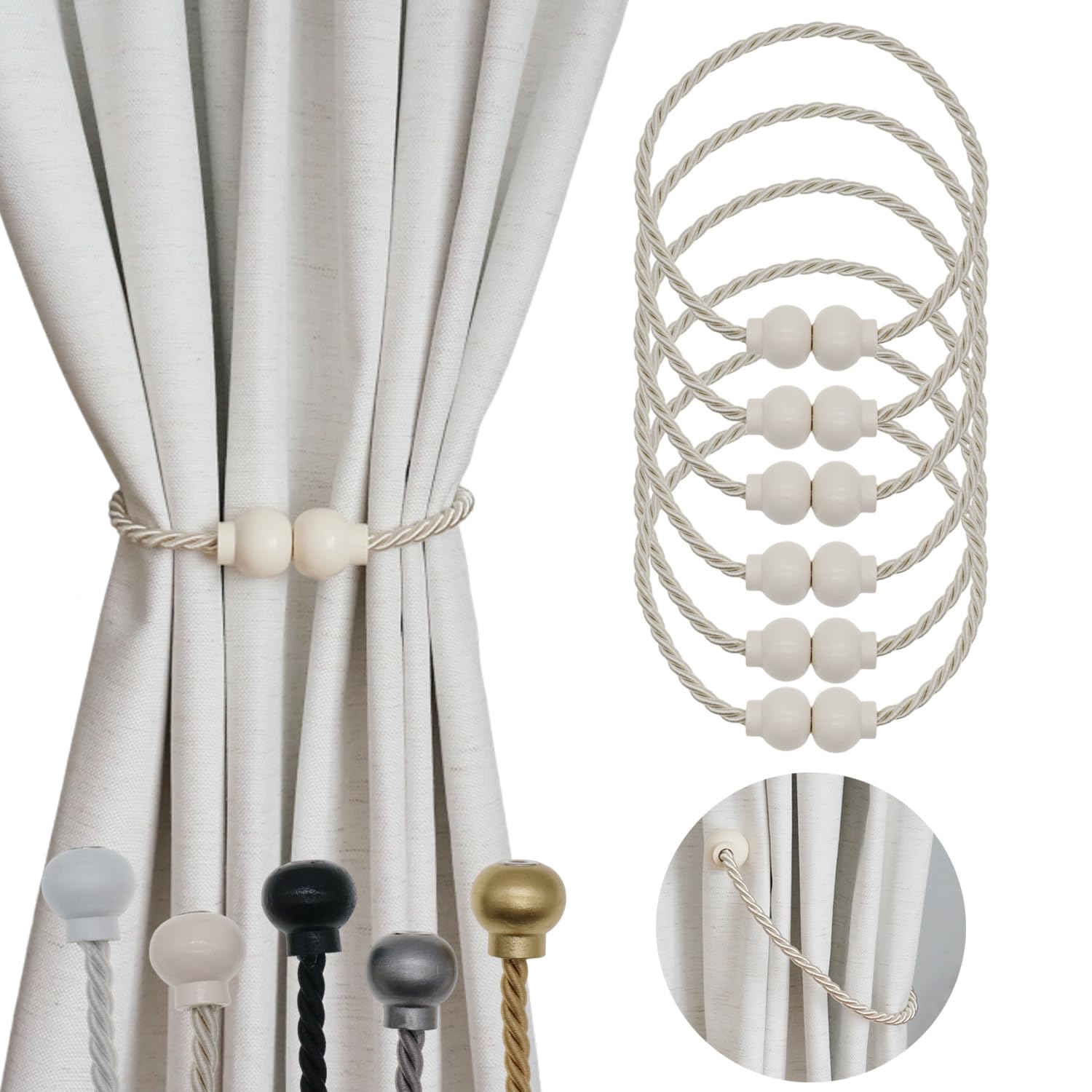 6 Pack Magnetic Curtain Tiebacks Modern Handmade Rope Curtain Tie Backs Decorative Drapes Weave Holdbacks for Home Outdoor Bedroom Office Decorative Curtain, Beige