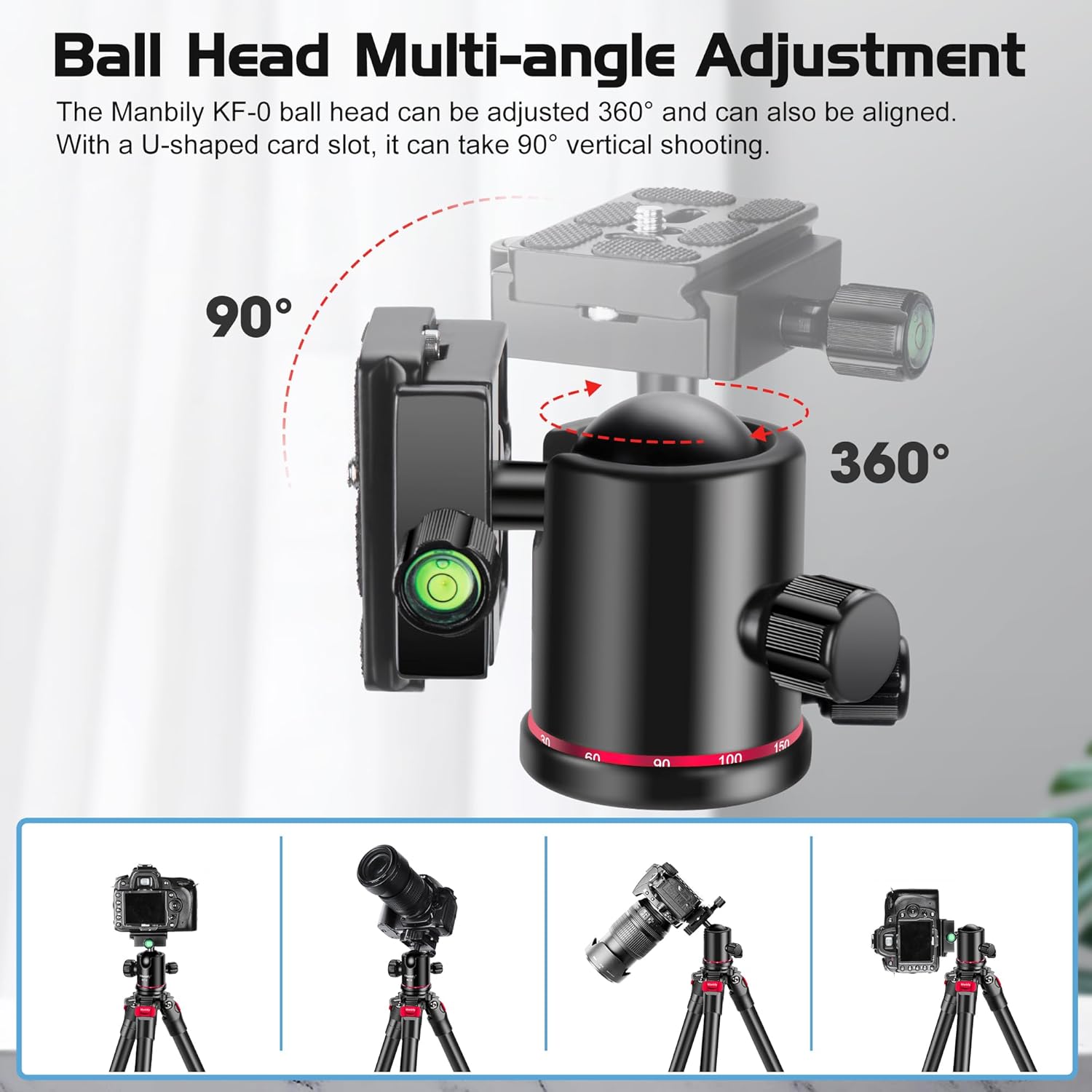Ball Head Manbily Tripod Head Metal Aluminum Body 360° Panoramic Monopod Head with Extra Arca Swiss Quick Release Plate, Load up to 17.6lbs/8kg,Camera Head for DSLR, Camcorder, Slider (Red) - Image 5