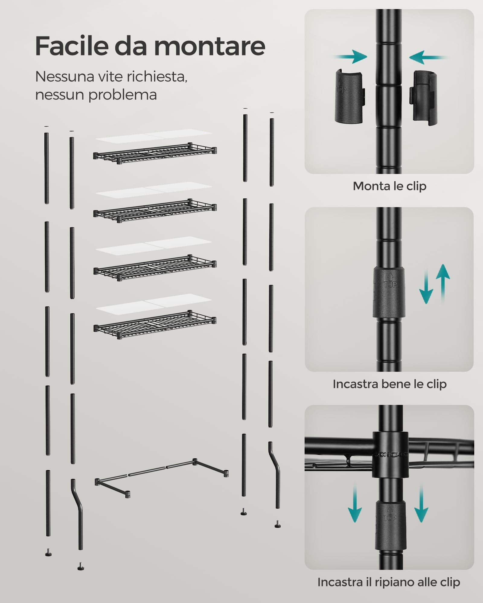 SONGMICS Scaffale sopra WC a 4 Ripiani, Scaffale da Bagno in Metallo, Ripiani Regolabili, con 4 Ganci e Portarotolo, Salvaspazio, 30 x 63 x 176 cm, Nero BTS013B01