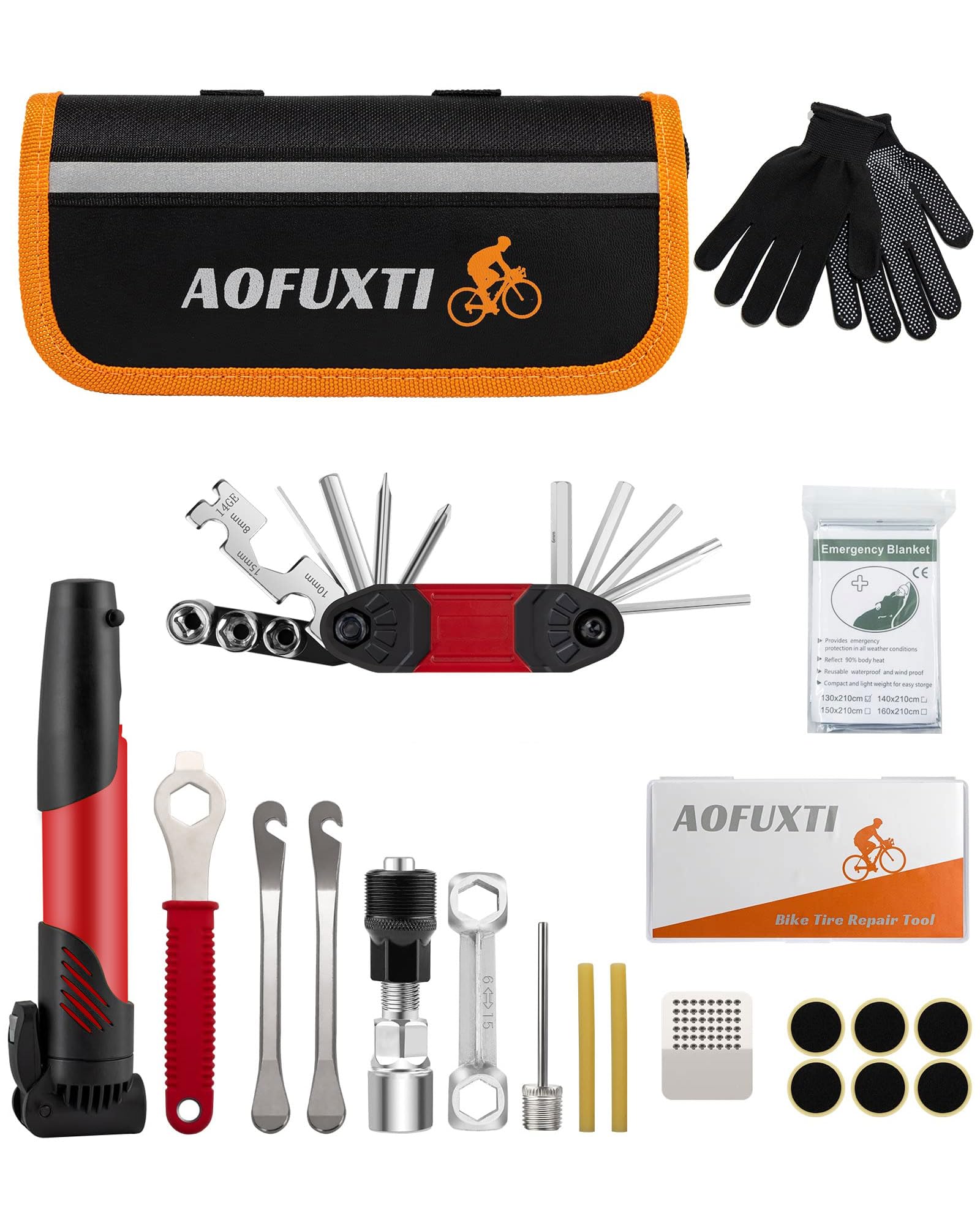 AOFUXTI Bicycle Tire Patch Repair Kit, Bike Chain Repair Wrench, Essential Mini Pump, Portable Adult Bicycle Toolkit Accessories,Tool Kit for Camping Travel, Best Gifts for Men and Women